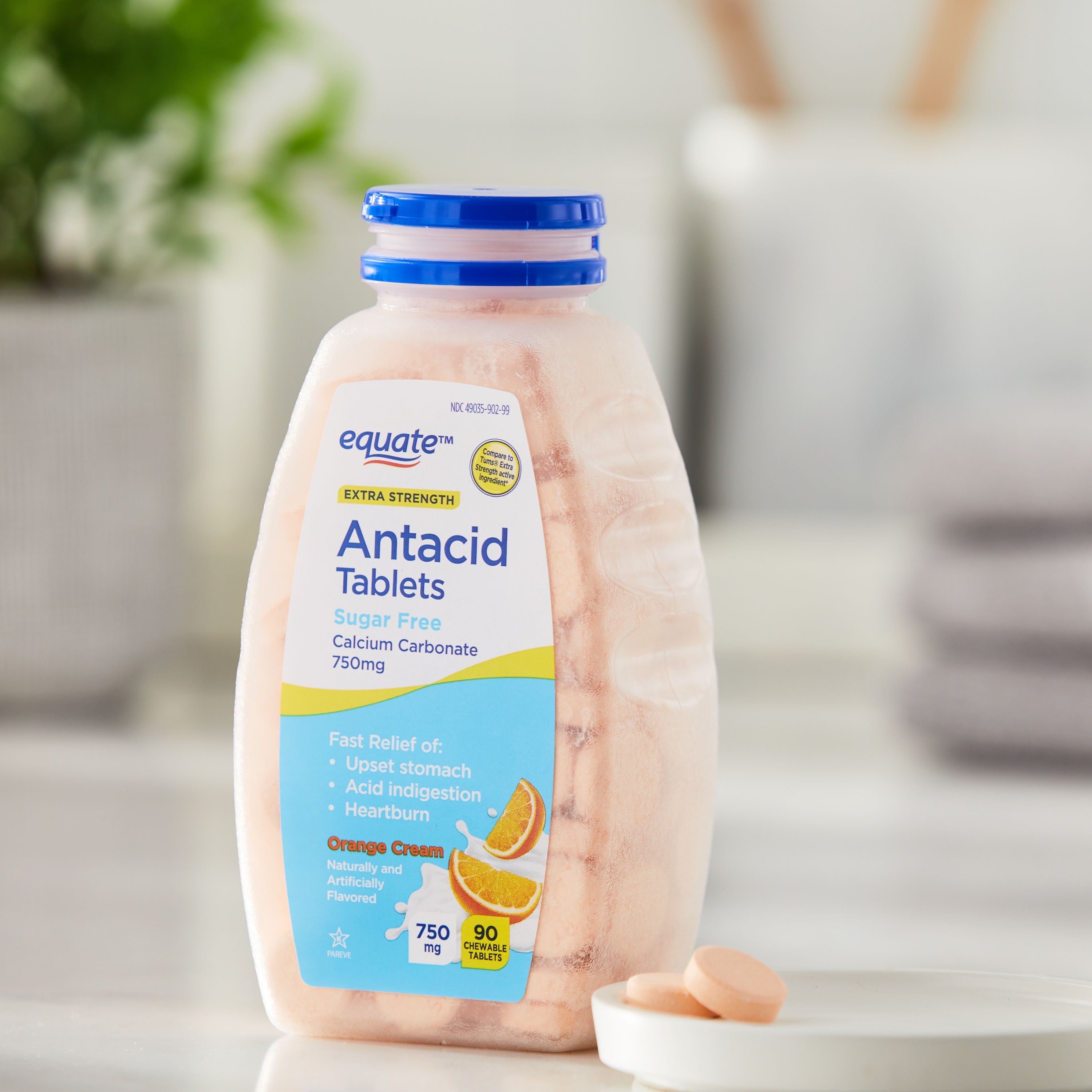 Equate Extra Strength Sugar-Free Antacid Orange Cream Chewable Tablets, 750 mg 90 Count, Compare to Tums® Extra Strength Active Ingredients