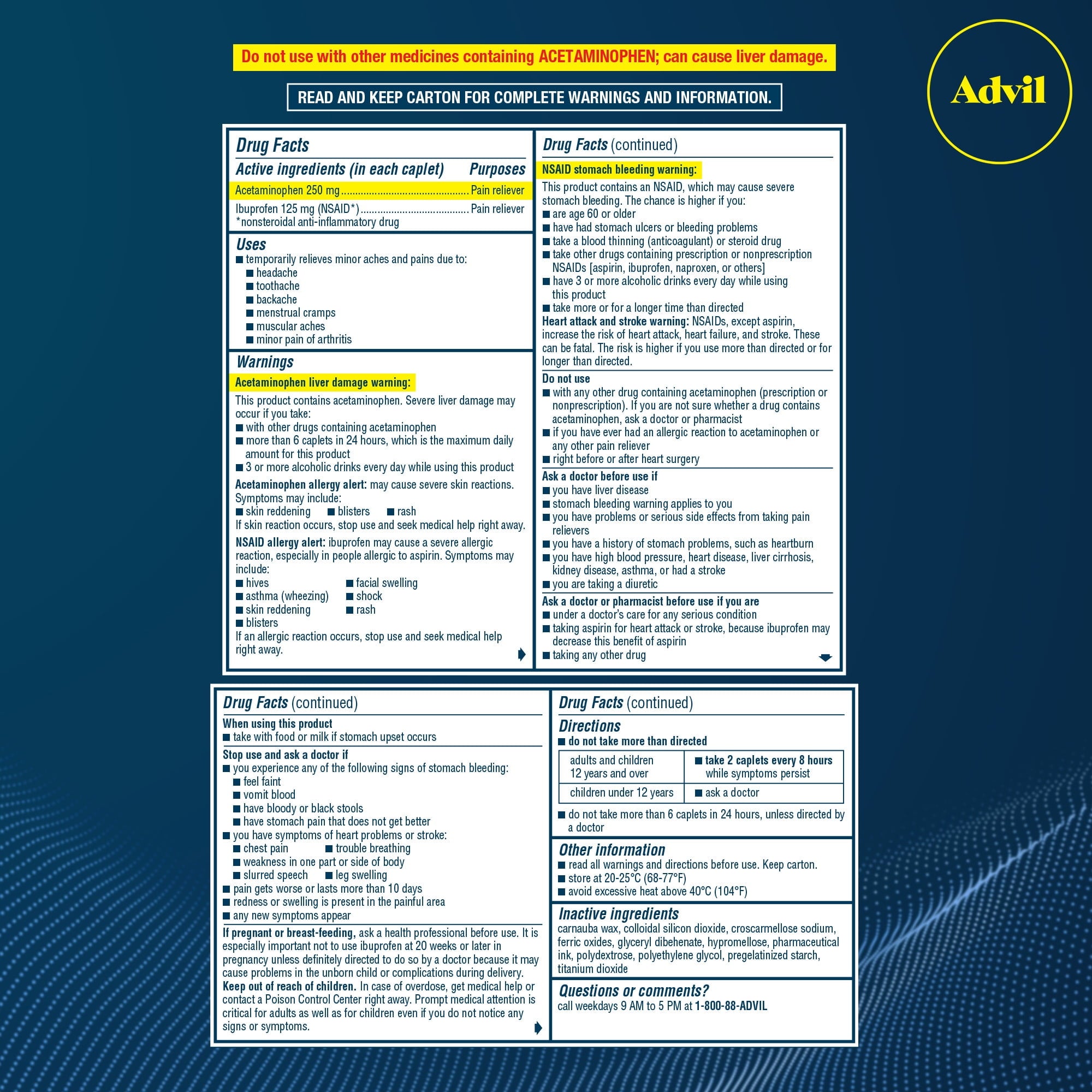 Advil Dual Action Pain Relievers Coated Caplets, 125Mg Ibuprofen and 250Mg Acetaminophen, 72 Count