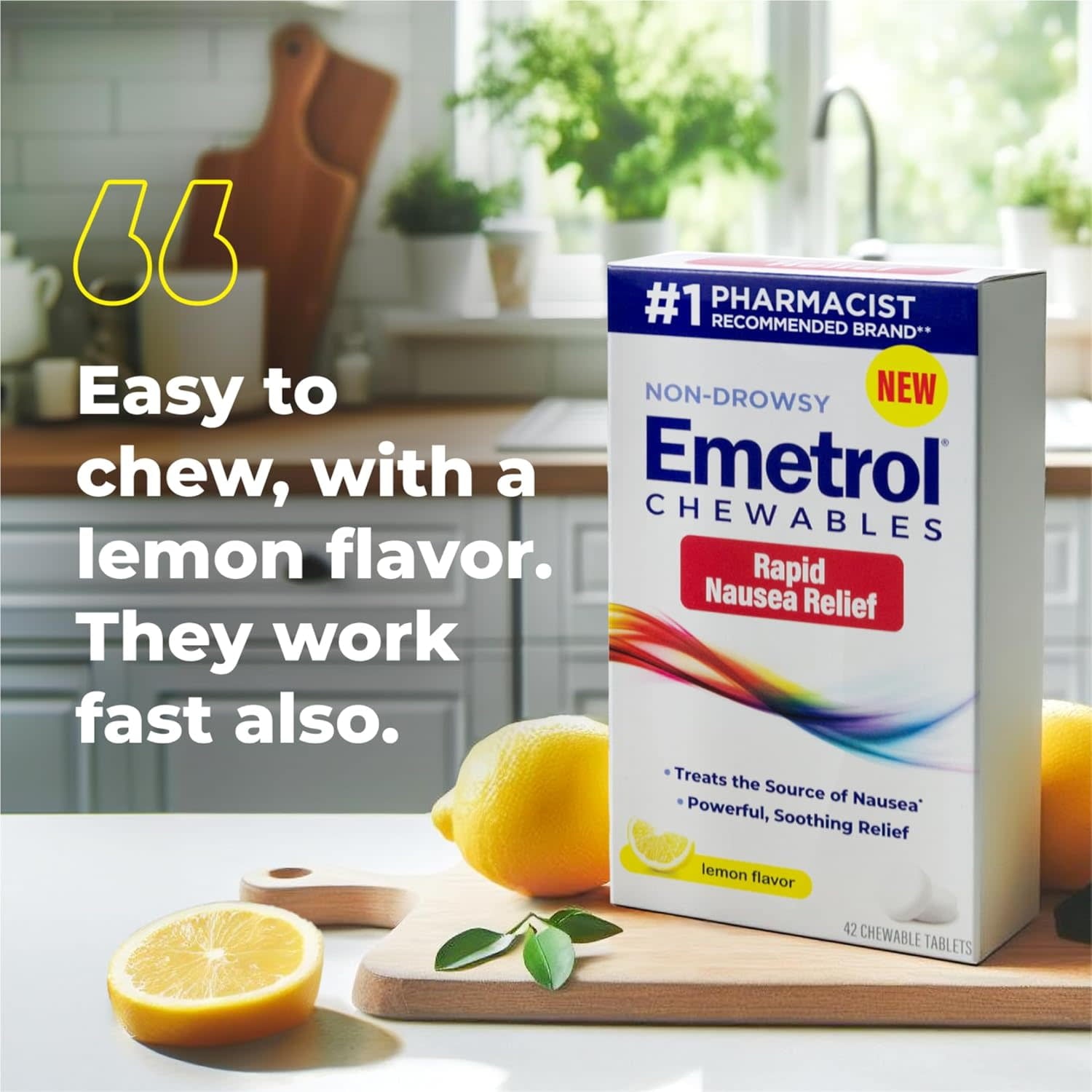 Emetrol Chewables for Rapid Nausea Relief Non-Drowsy, Lemon Flavor, 42 Tablets
