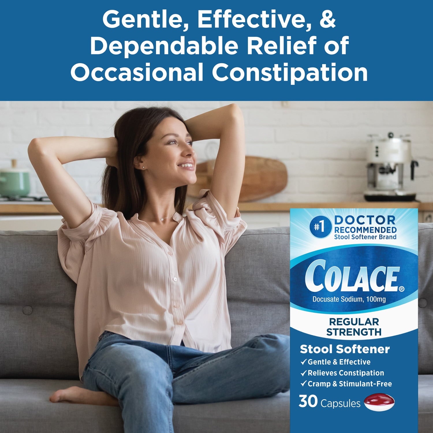 Colace® Regular Strength Stool Softener for Constipation Relief, 100mg Capsules, 30 Ct