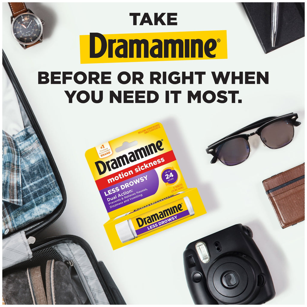 Dramamine All Day Less Drowsy, Motion Sickness Relief, Sensitive Stomach, 8 Count