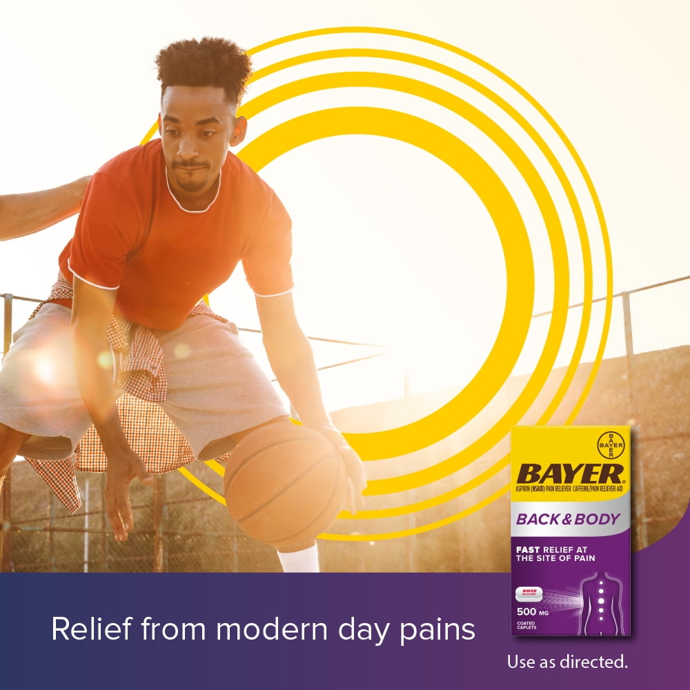 Bayer Back and Body Extra Strength Aspirin 500mg, Aspirin Plus 32.5 mg Caffeine Pain Reliever, Powerful Back and Body Pain Relief, 100 Coated Caplets