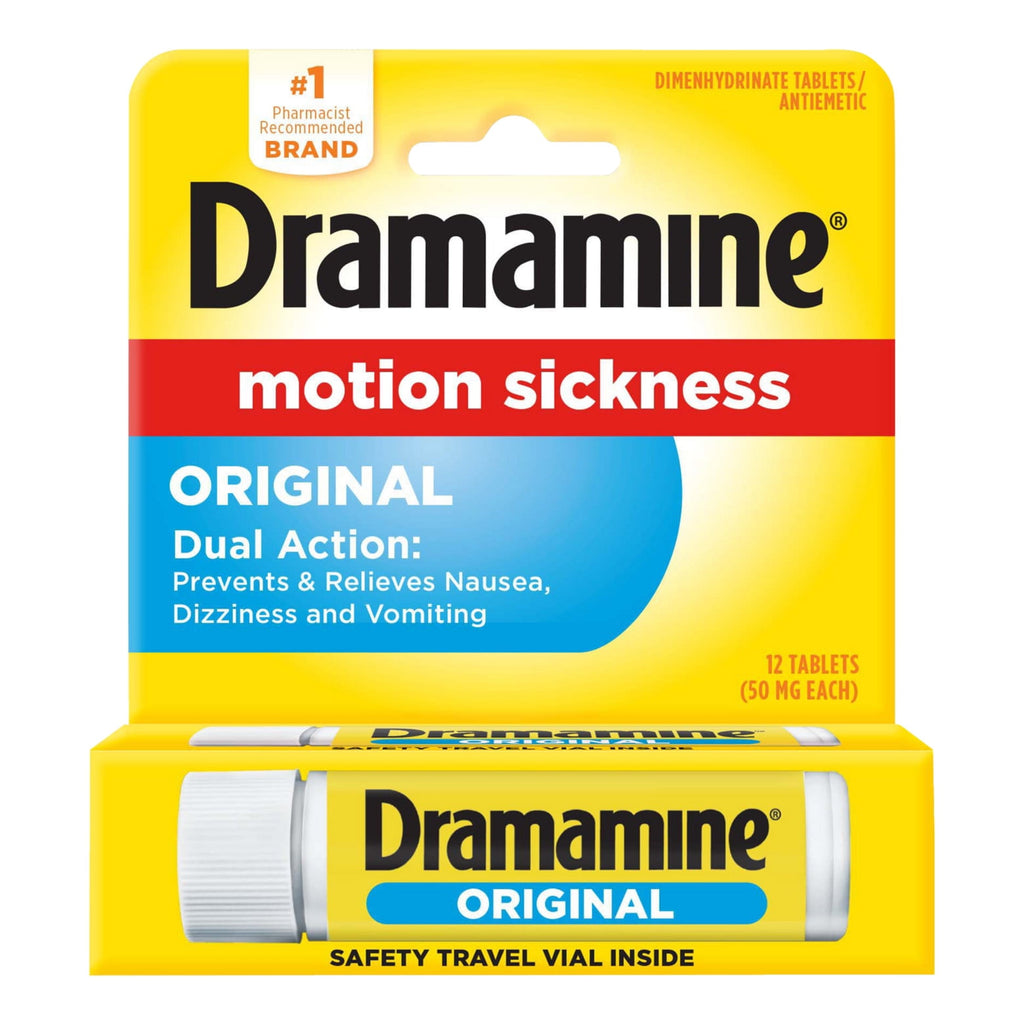 (2 pack) Dramamine Original, Motion Sickness Relief, Sensitive Stomach Travel Vial, 12 Count