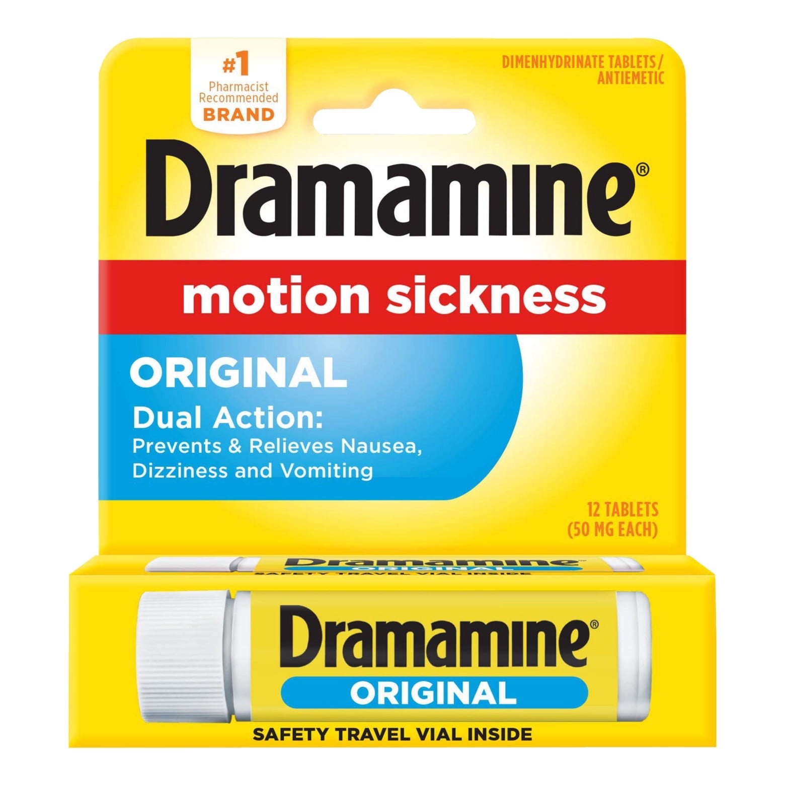 (2 pack) Dramamine Original, Motion Sickness Relief, Sensitive Stomach Travel Vial, 12 Count