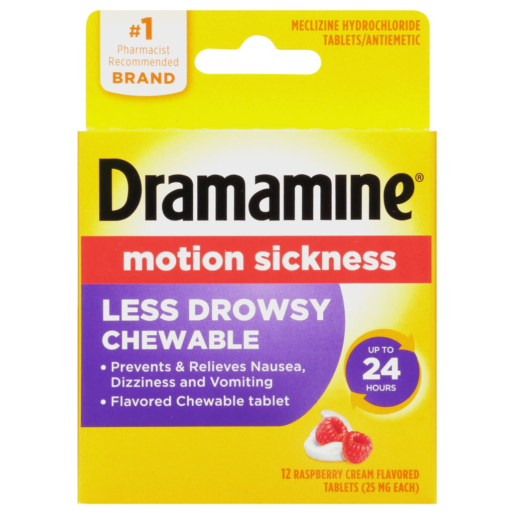Dramamine Chewable Less Drowsy, Motion Sickness Relief, Raspberry Cream Flavor, 12 Count