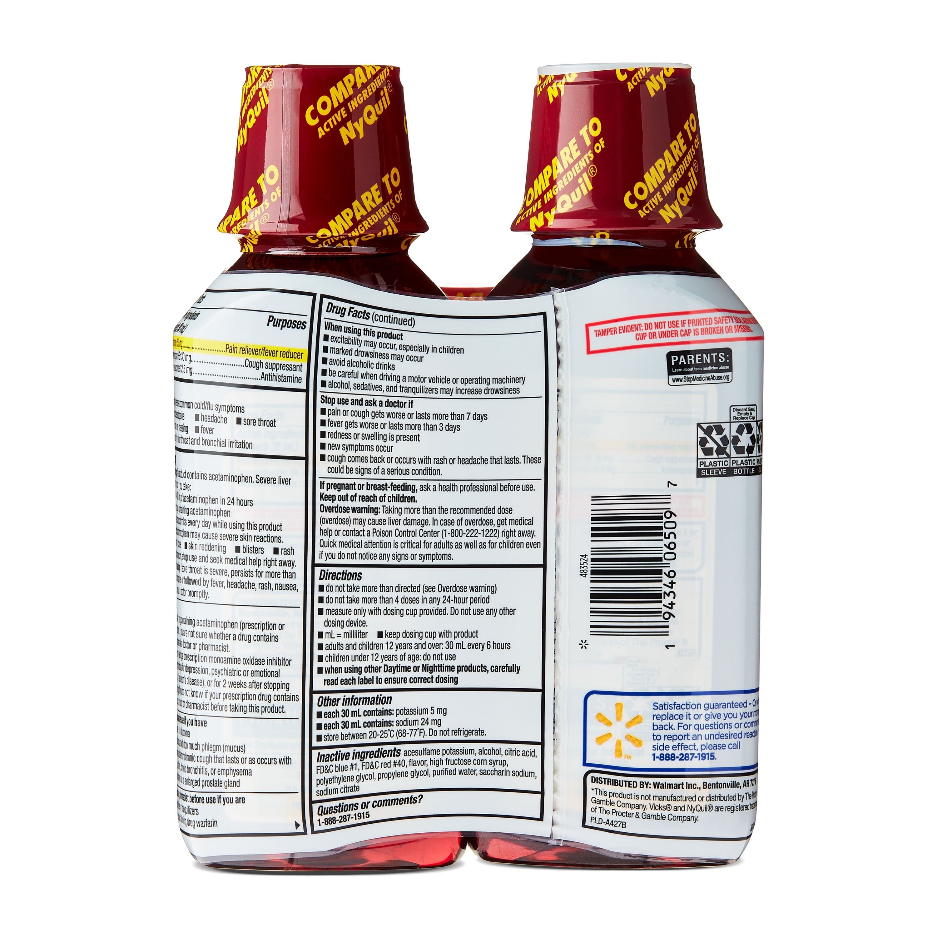 Equate Nighttime Cold and Flu Relief Liquid, Cherry Flavor, 24 fl oz (2x12 fl oz), Compare to Vicks® Nyquil® Cold & Flu Active Ingredients