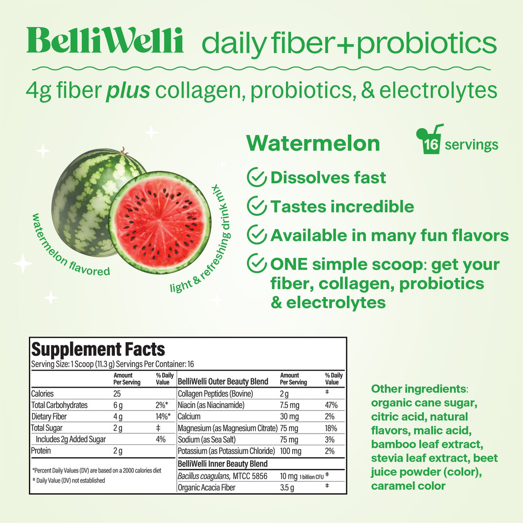 BelliWelli Daily Fiber Supplement with Probiotics, Electrolytes, and Collagen - Watermelon, 6.4 oz