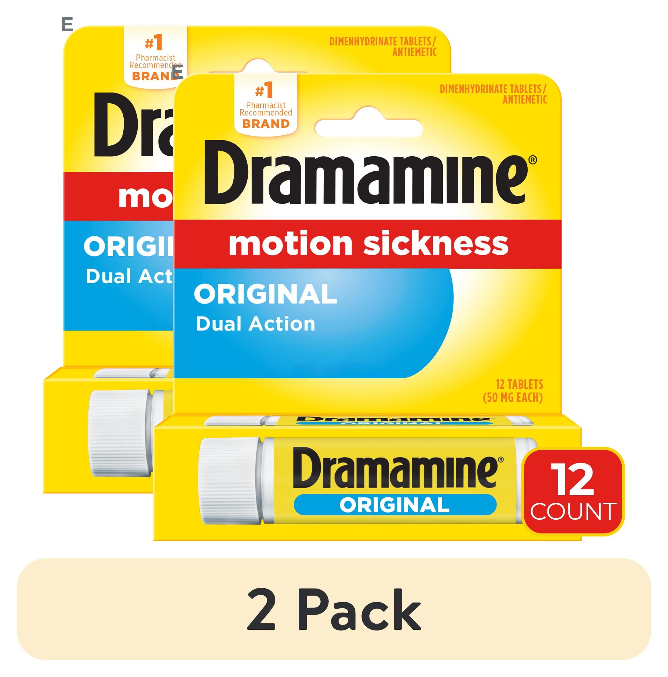 (2 pack) Dramamine Original, Motion Sickness Relief, Sensitive Stomach Travel Vial, 12 Count