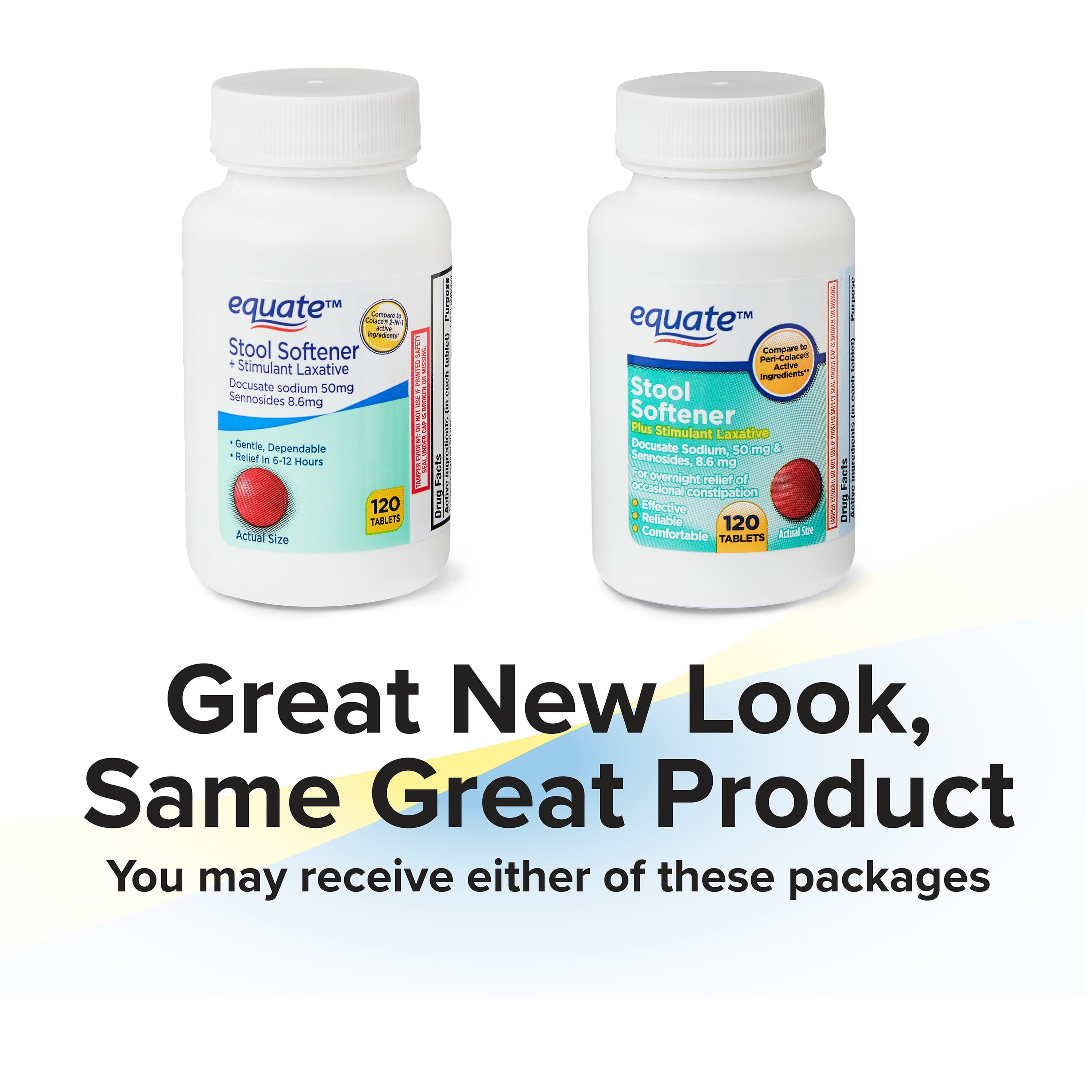 Equate Stool Softener Plus Stimulant Laxative Tablets for Constipation, 120 Count, Compare to Colace® 2-IN-1 Active Ingredient