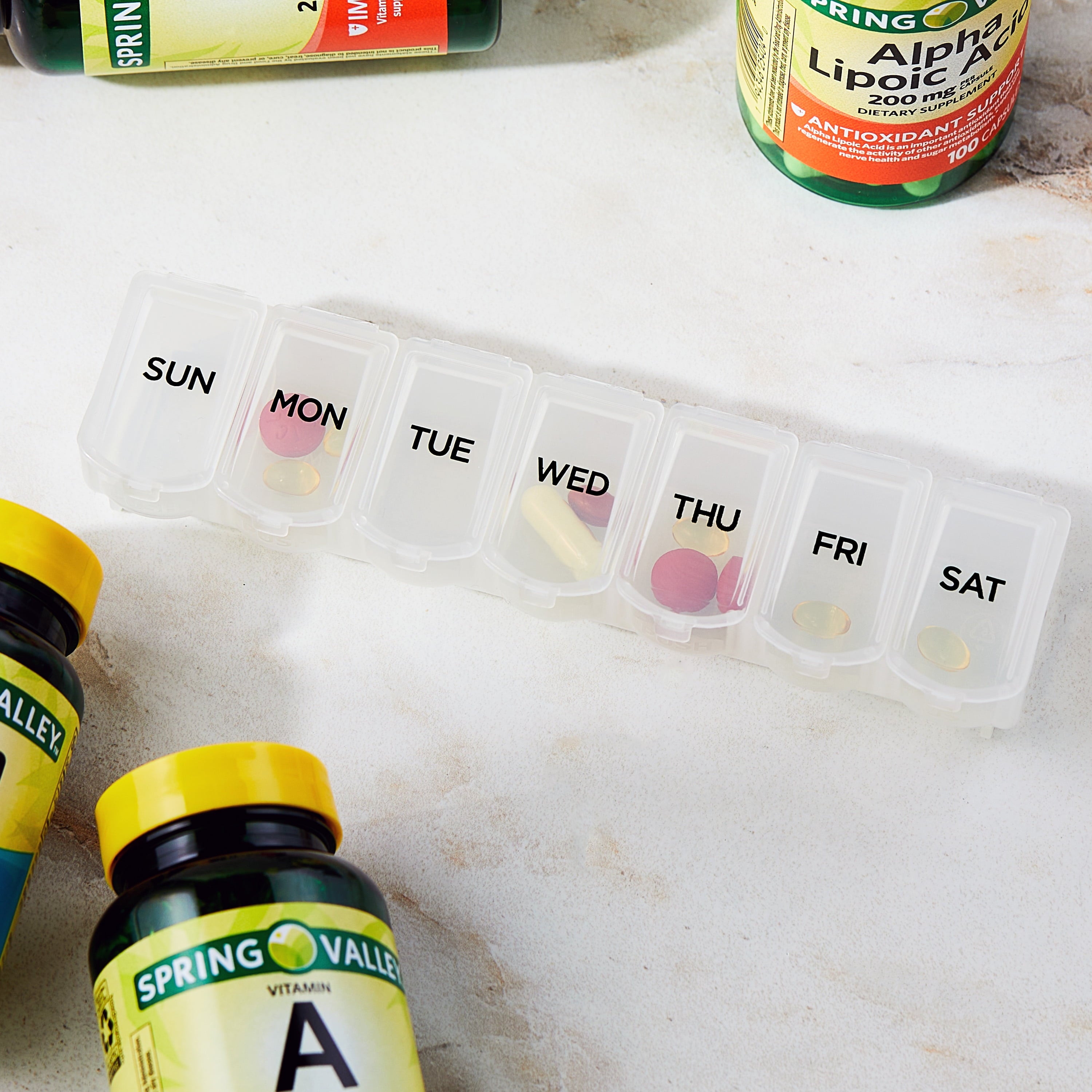 Equate Weekly  Pill Planner, Portable Medicine Box with 7 Compartments, Travel-Friendly,