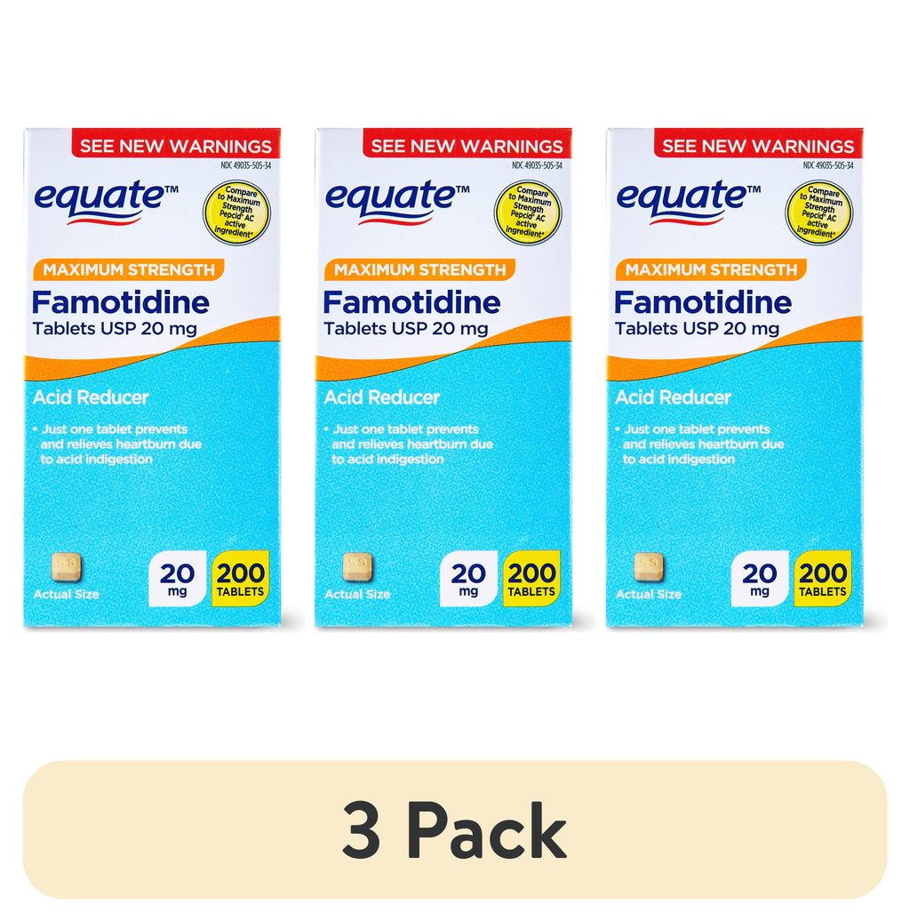 (3 pack) Equate Maximum Strength Famotidine 20mg Tablets, 200 Count, Compare to Maximum Strength Pepcid® AC Active Ingredient