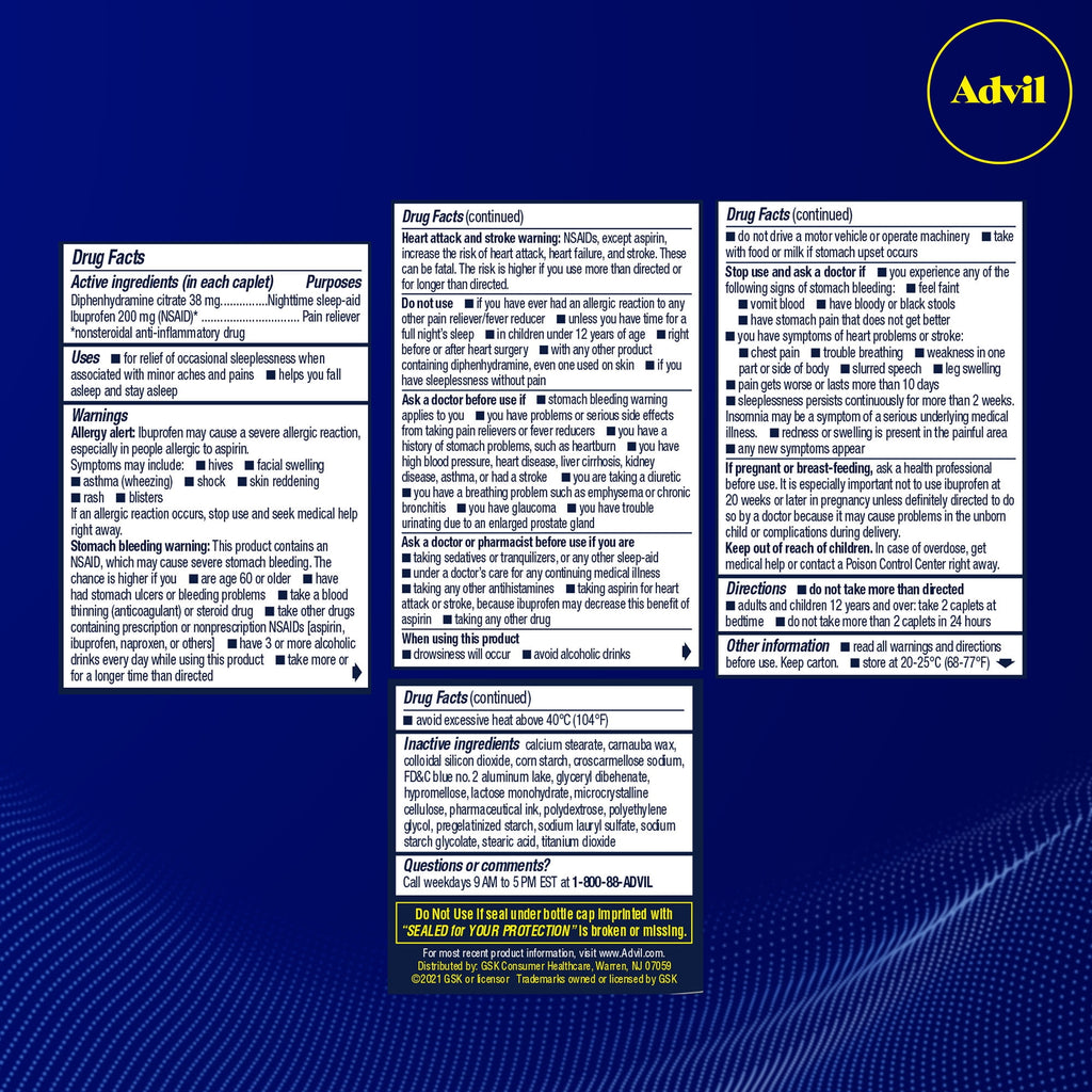 Advil PM Sleep Aid Pain Relievers, Ibuprofen, Diphenhydramine, Coated Caplet, 80 Count