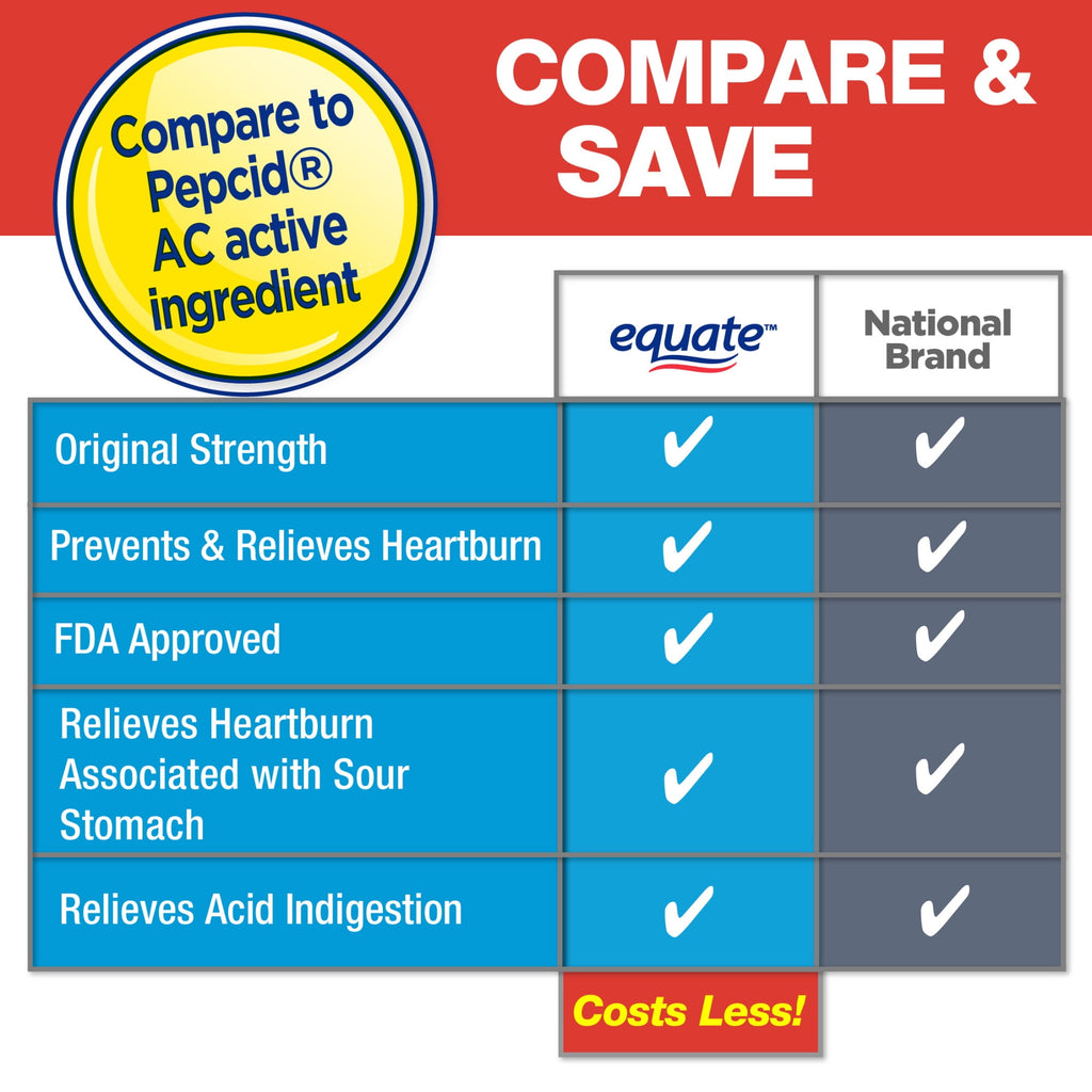 Equate Original Strength Famotidine Tablets, 10 mg, 90 Count, Compare to Pepcid AC Active Ingredient