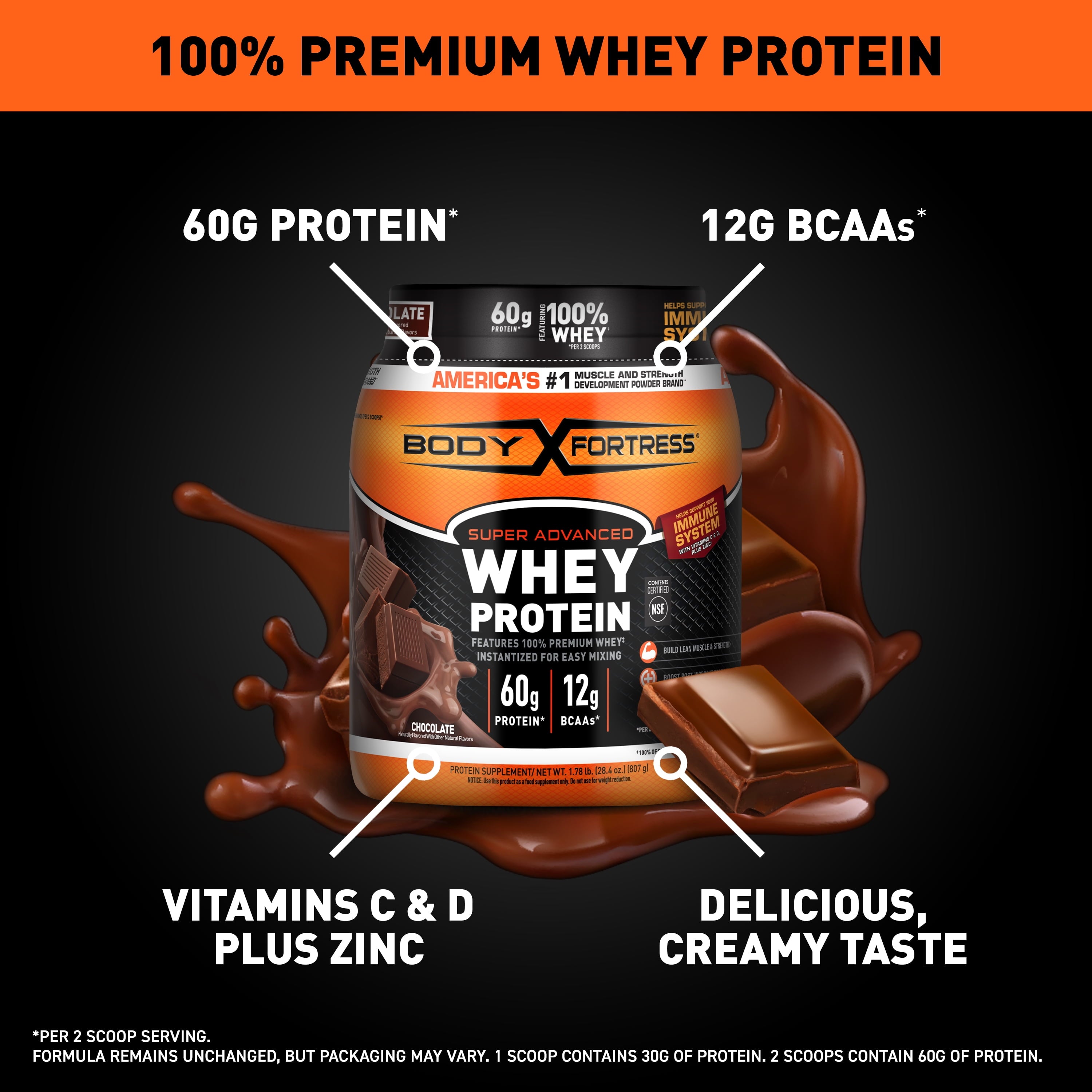 Body Fortress Super Advanced Whey Protein Powder, Chocolate, Immune Support , Vitamins C & D plus Zinc, 1.78 lbs
