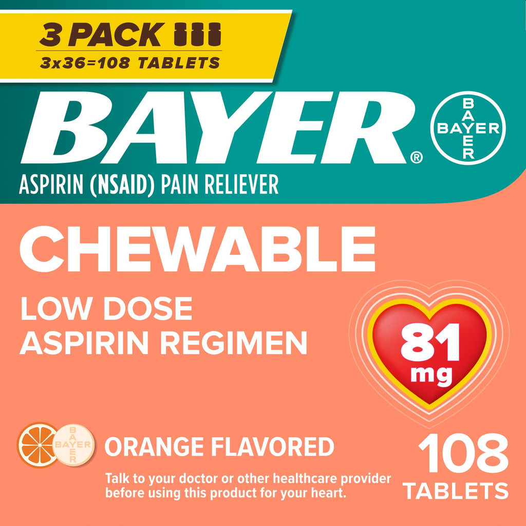 Bayer Chewable Aspirin Regimen Low Dose Pain Reliever Tablets, 81mg, Orange, 108 Count