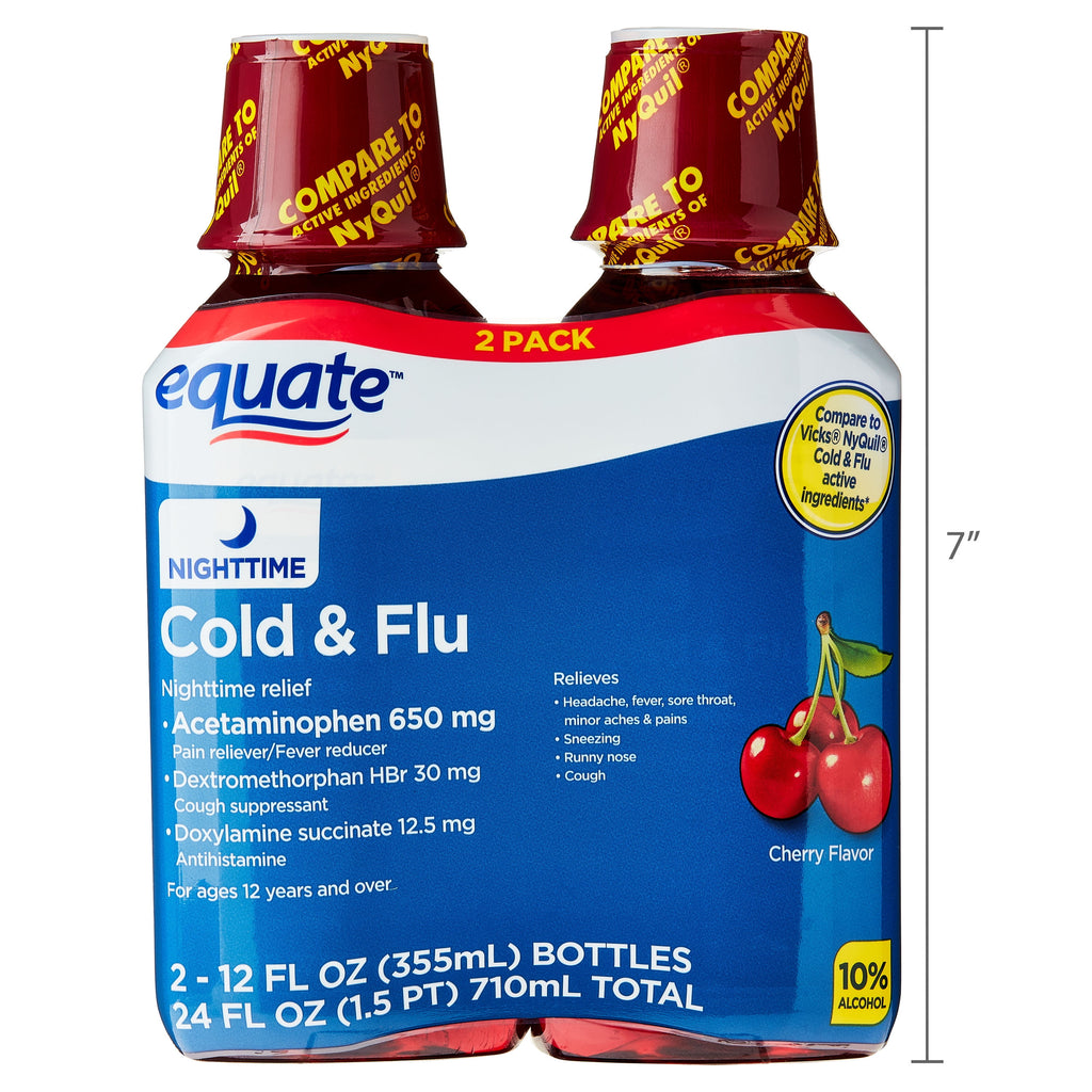 Equate Nighttime Cold and Flu Relief Liquid, Cherry Flavor, 24 fl oz (2x12 fl oz), Compare to Vicks® Nyquil® Cold & Flu Active Ingredients