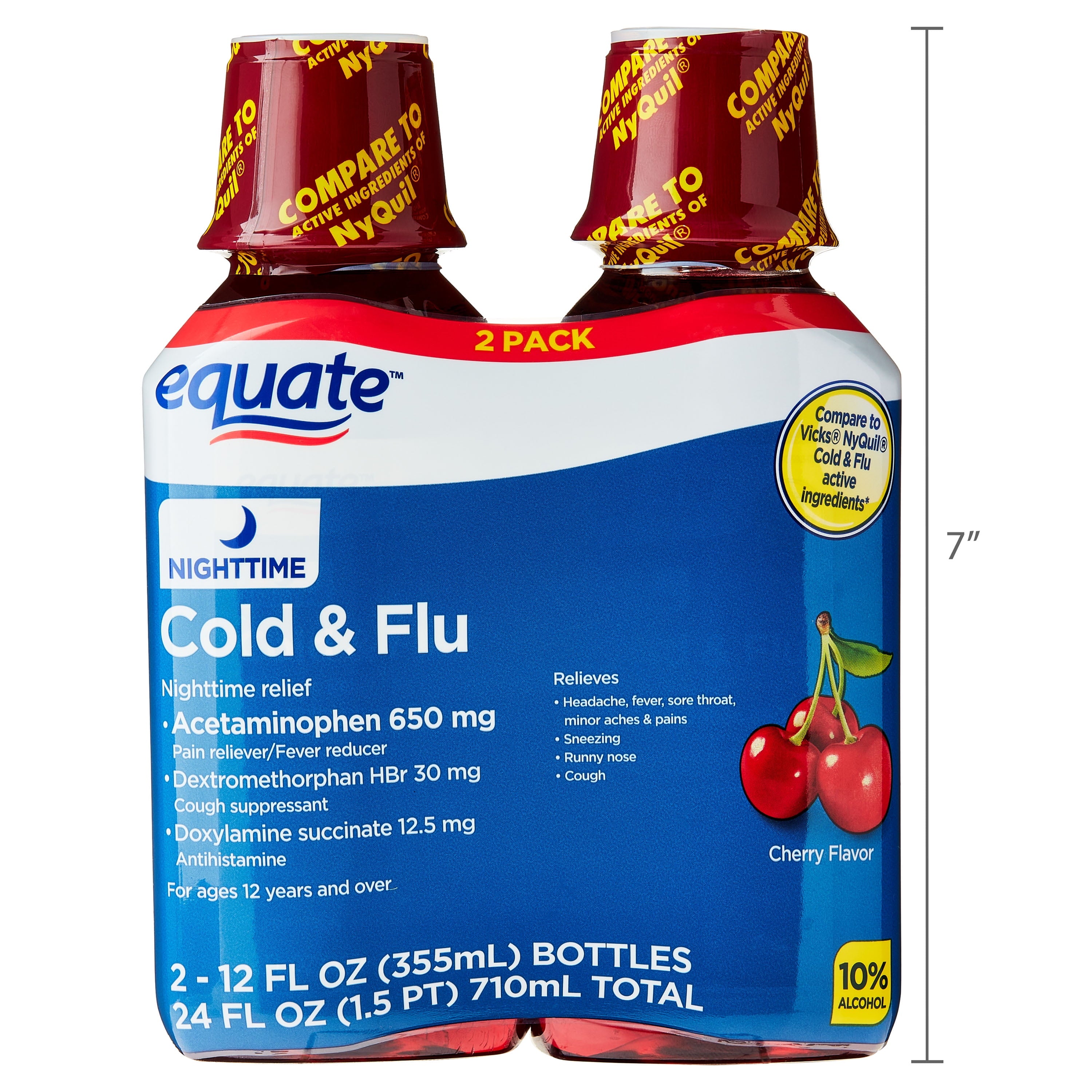 Equate Nighttime Cold and Flu Relief Liquid, Cherry Flavor, 24 fl oz (2x12 fl oz), Compare to Vicks® Nyquil® Cold & Flu Active Ingredients