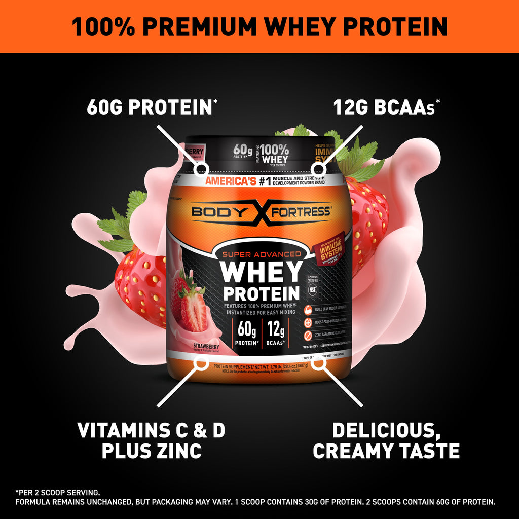 Body Fortress Super Advanced 100% Premium Whey Protein Powder, Strawberry, 1.78lbs (Packaging May Vary)