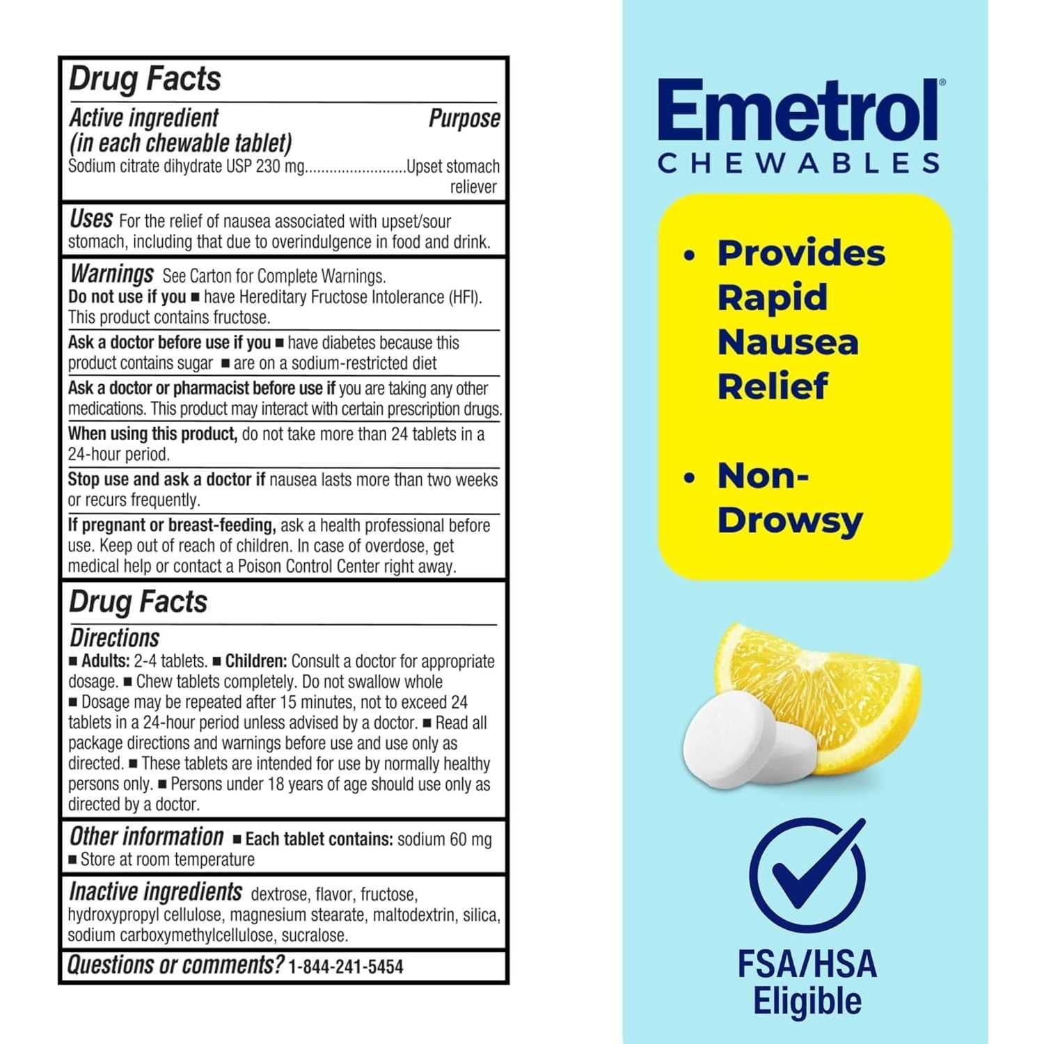 Emetrol Chewables for Rapid Nausea Relief Non-Drowsy, Lemon Flavor, 42 Tablets