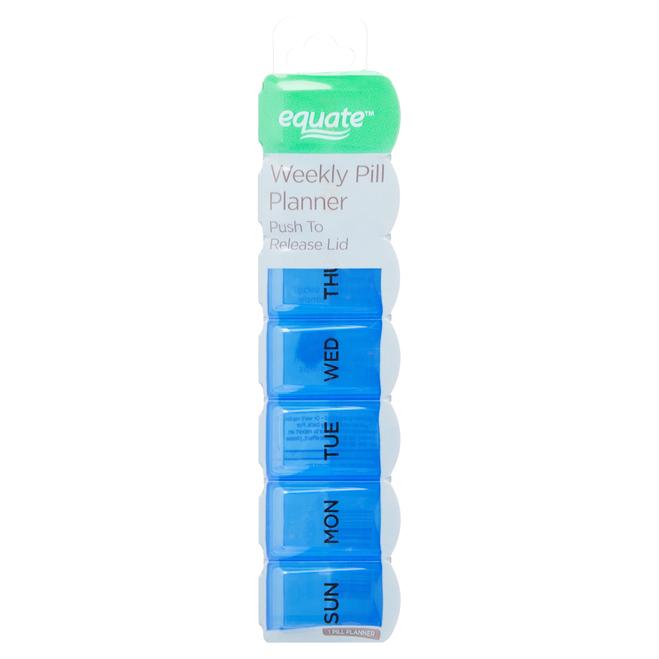 Equate Weekly Pill Planner and Pill Box Organizer, Contains 7 Compartments, Compact, Travel-Friendly
