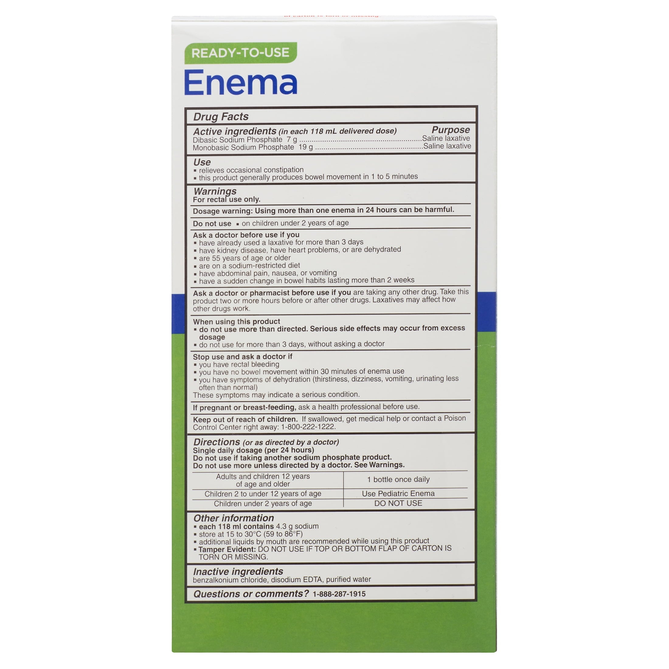 Equate Ready-to-Use Enema Sodium Phosphates Saline Laxative, 9 fl oz, 2 Pack