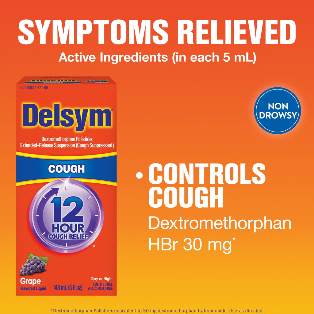 Delsym Adult 12 hour Cough Relief Medicine, Powerful Cough Relief for 12 Good Hours, Cough Suppressing Liquid, #1 Pharmacist Recommended, Grape Flavor, 5 Fl Oz