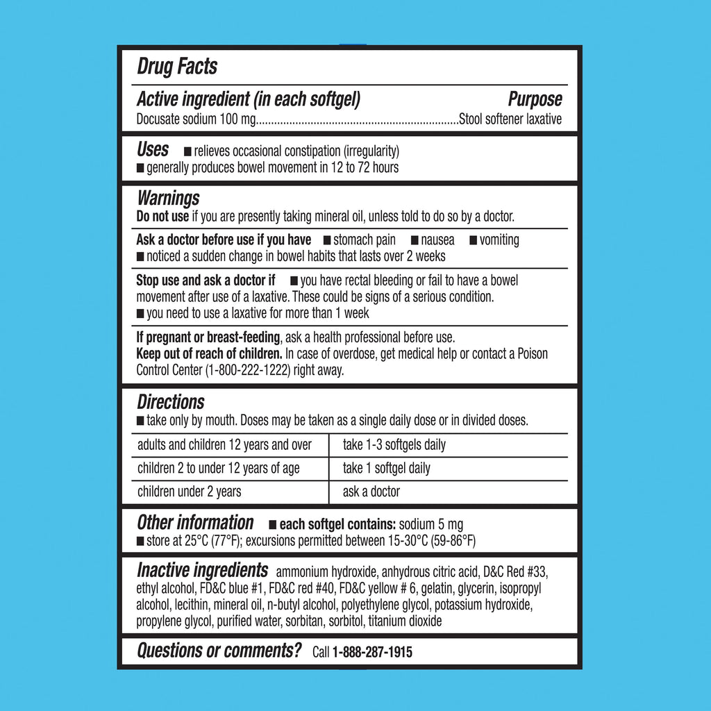 Equate Stool Softener Laxative Softgels, 100 mg, 400 Count, Compare to Colace® Regular Strength Stool Softener Active Ingredient