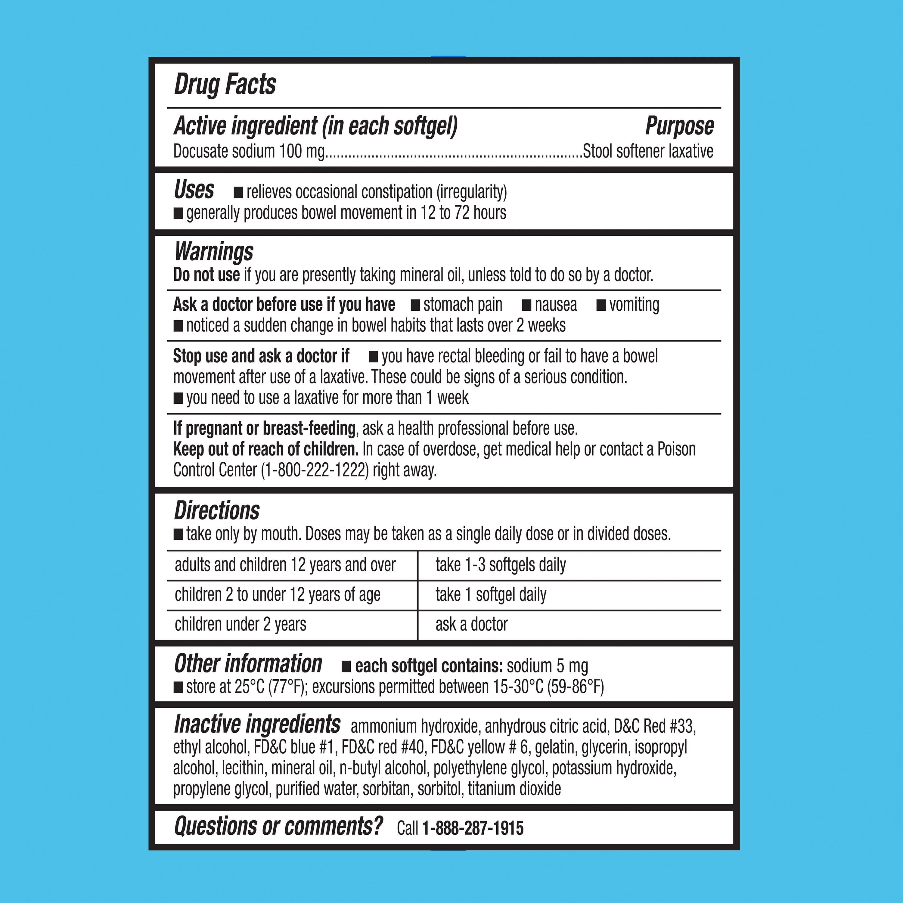 Equate Stool Softener Laxative Softgels, 100 mg, 400 Count, Compare to Colace® Regular Strength Stool Softener Active Ingredient