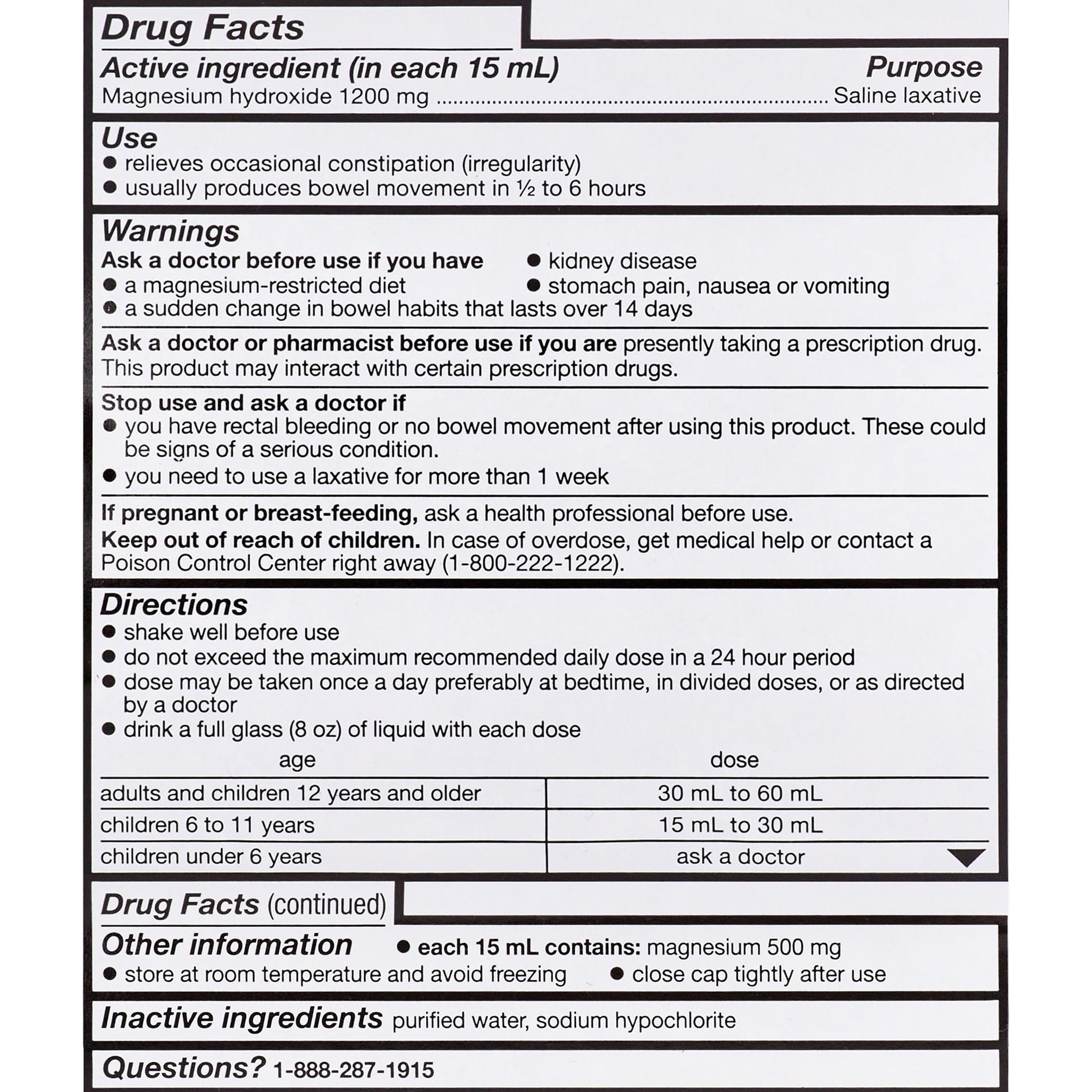 Equate Milk of Magnesia Saline Laxative, Original Flavor, 1200 mg, 26 fl oz