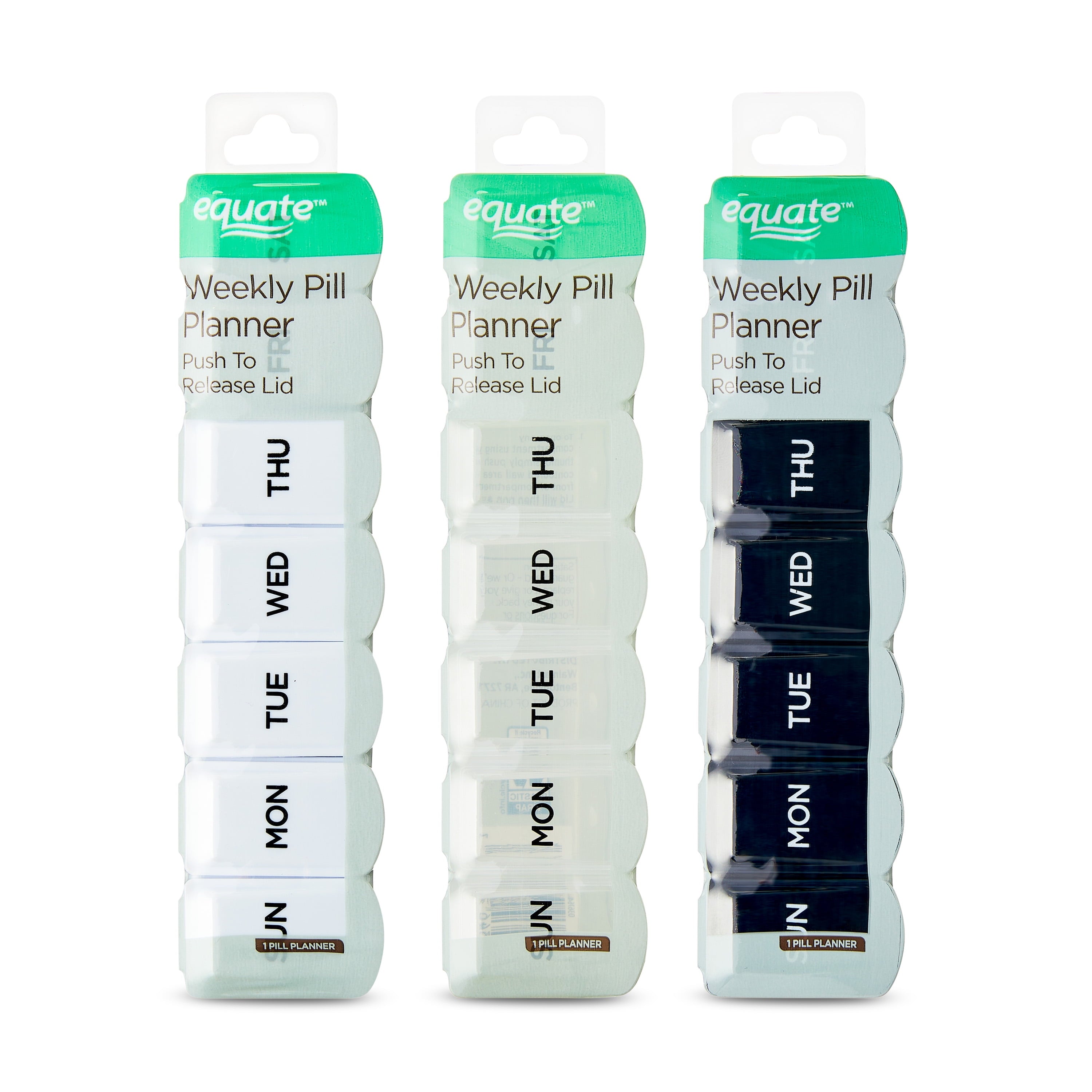 Equate Weekly  Pill Planner, Portable Medicine Box with 7 Compartments, Travel-Friendly,