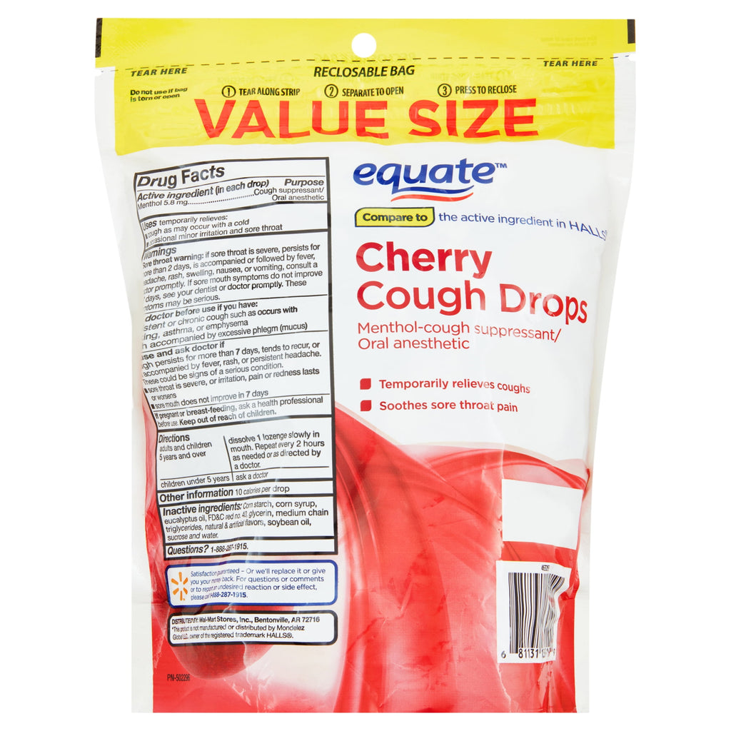 Equate Sore Throat and Cough Relief Menthol Cough Drops, Cherry Flavor, 160 Count, Compare to the Active Ingredient in HALLS®