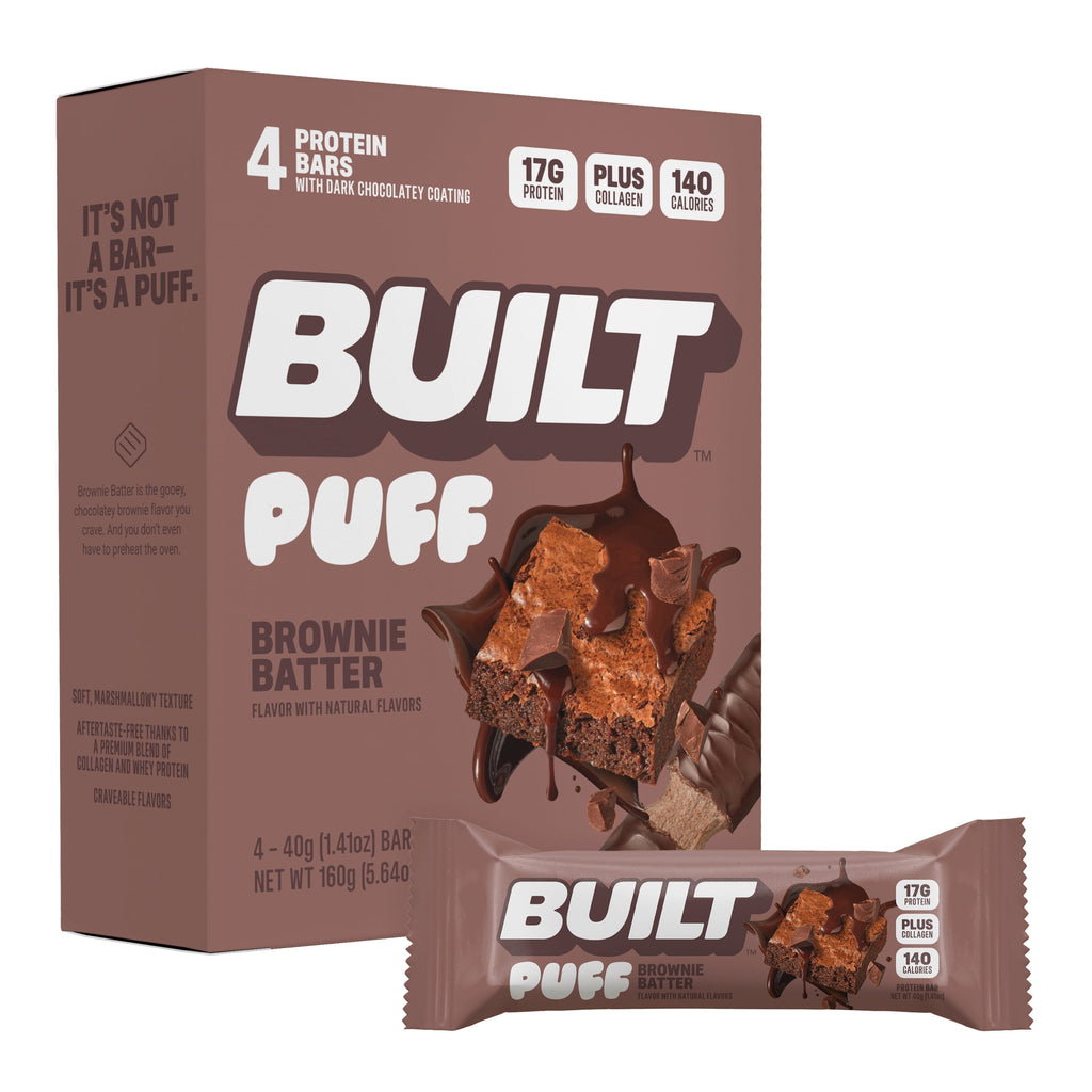 BUILT Puff Protein Bar, Brownie Batter, 17g Protein, Collagen, 140 Calories, 4 Count Box, 1.41 oz Bars