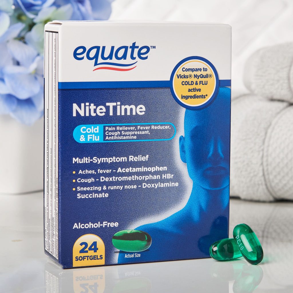 Equate Nighttime Multi-Symptom Cold and Flu Softgels, 24 Count, Compare to Vicks® Nyquil® Cold & Flu Active Ingredients