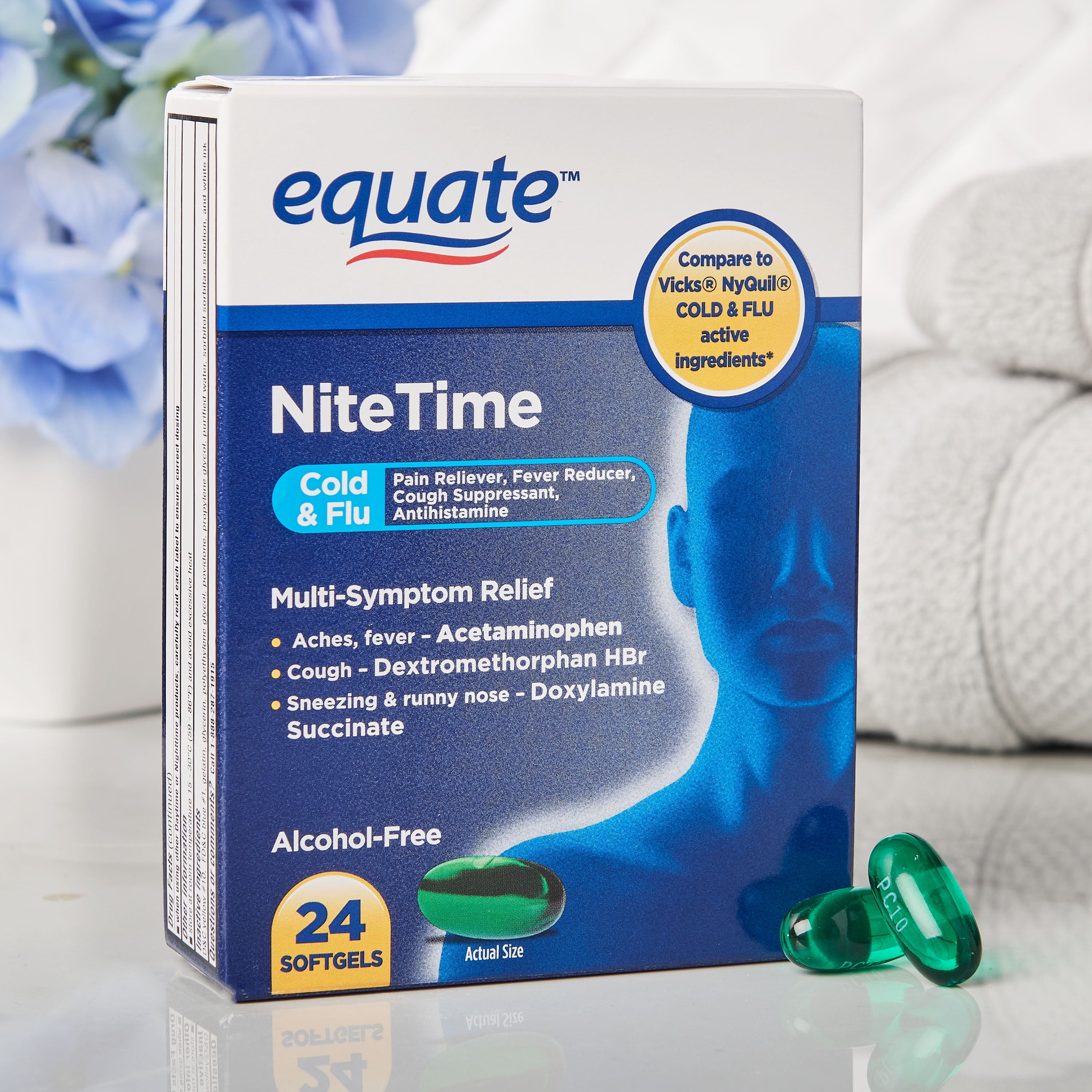 Equate Nighttime Multi-Symptom Cold and Flu Softgels, 24 Count, Compare to Vicks® Nyquil® Cold & Flu Active Ingredients