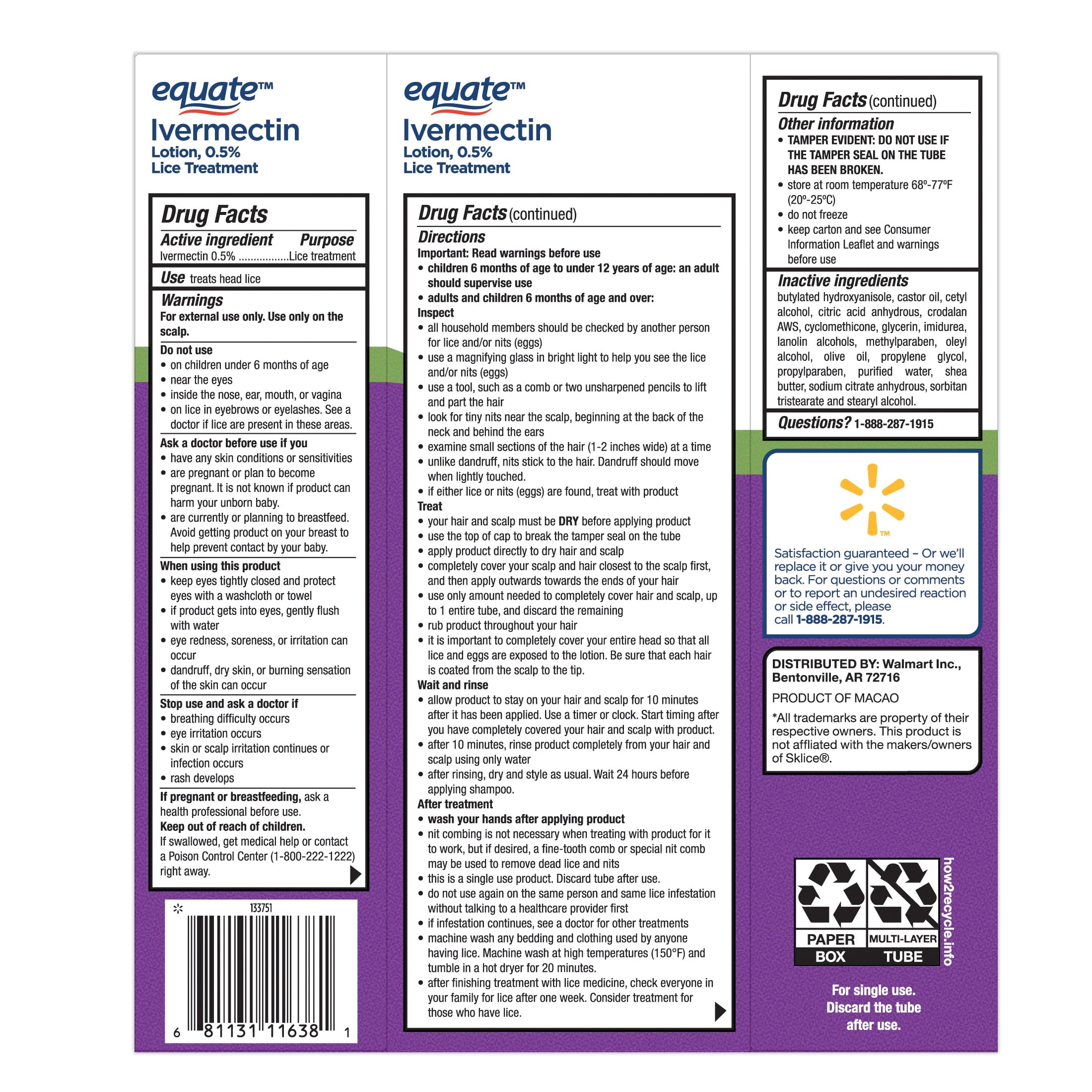Equate Ivermectin Lotion Lice Treatment, 0.5%. 4oz, Compare to the Active Ingredient in Sklice®
