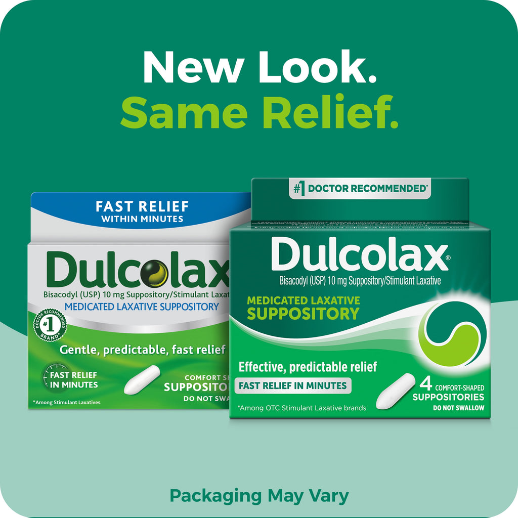 Dulcolax Stimulant Laxative Medicated Suppositories, Predictable & Effective Constipation Relief, Softens Stool, Bisacodyl 10 mg, 4 Count