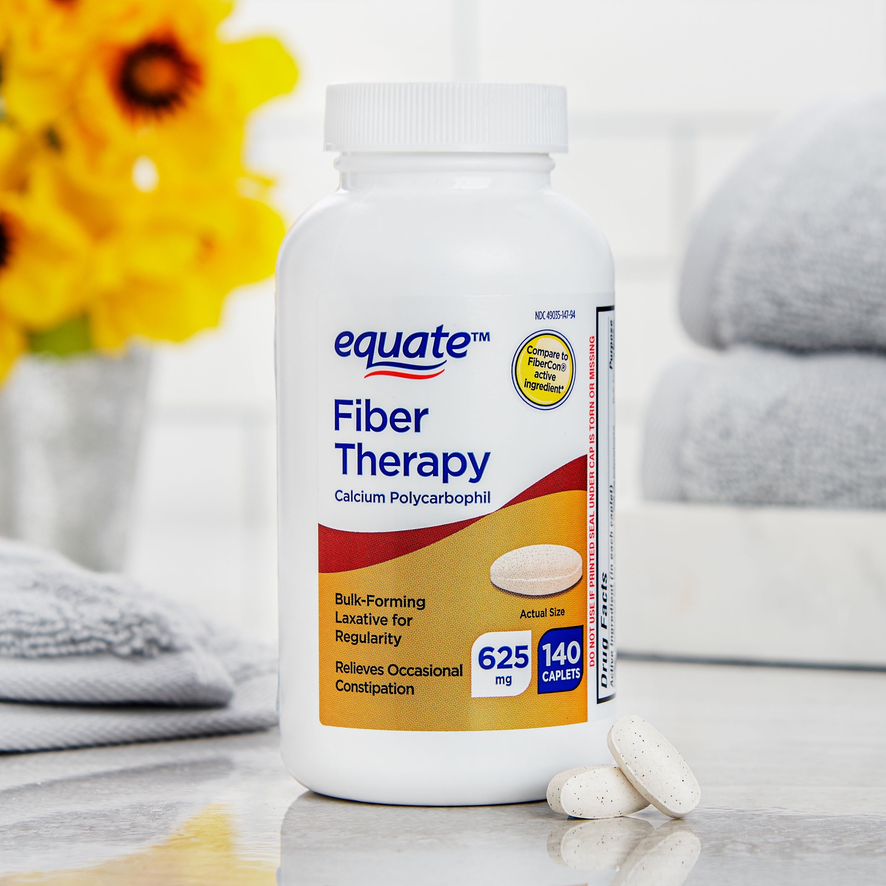 Equate Fiber Therapy Calcium Polycarbophil Caplets, 625 mg, 140 Count, Compare to FiberCon® Active Ingredient