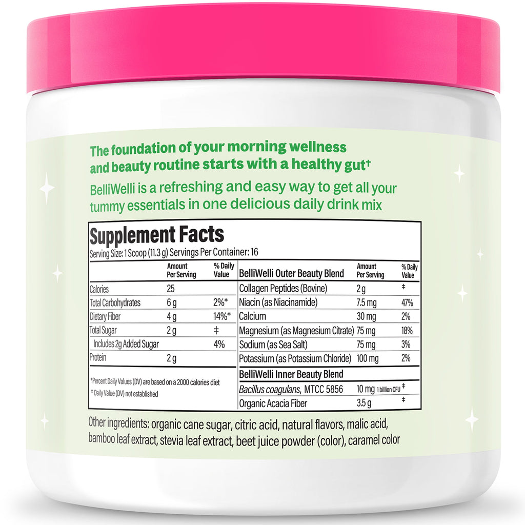 BelliWelli Daily Fiber Supplement with Probiotics, Electrolytes, and Collagen - Watermelon, 6.4 oz
