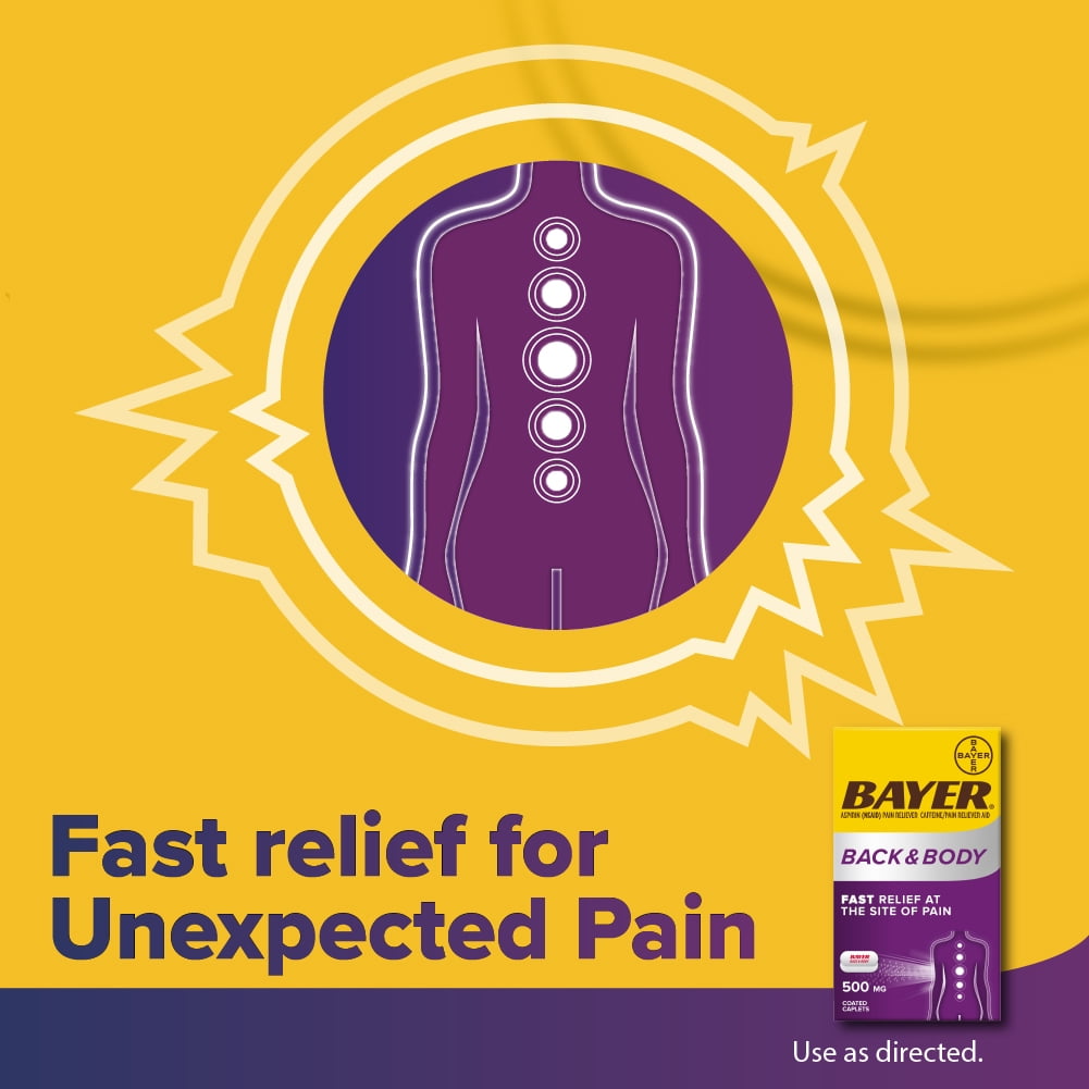 Bayer Back and Body Extra Strength Aspirin 500mg, Aspirin Plus 32.5 mg Caffeine Pain Reliever, Powerful Back and Body Pain Relief, 100 Coated Caplets