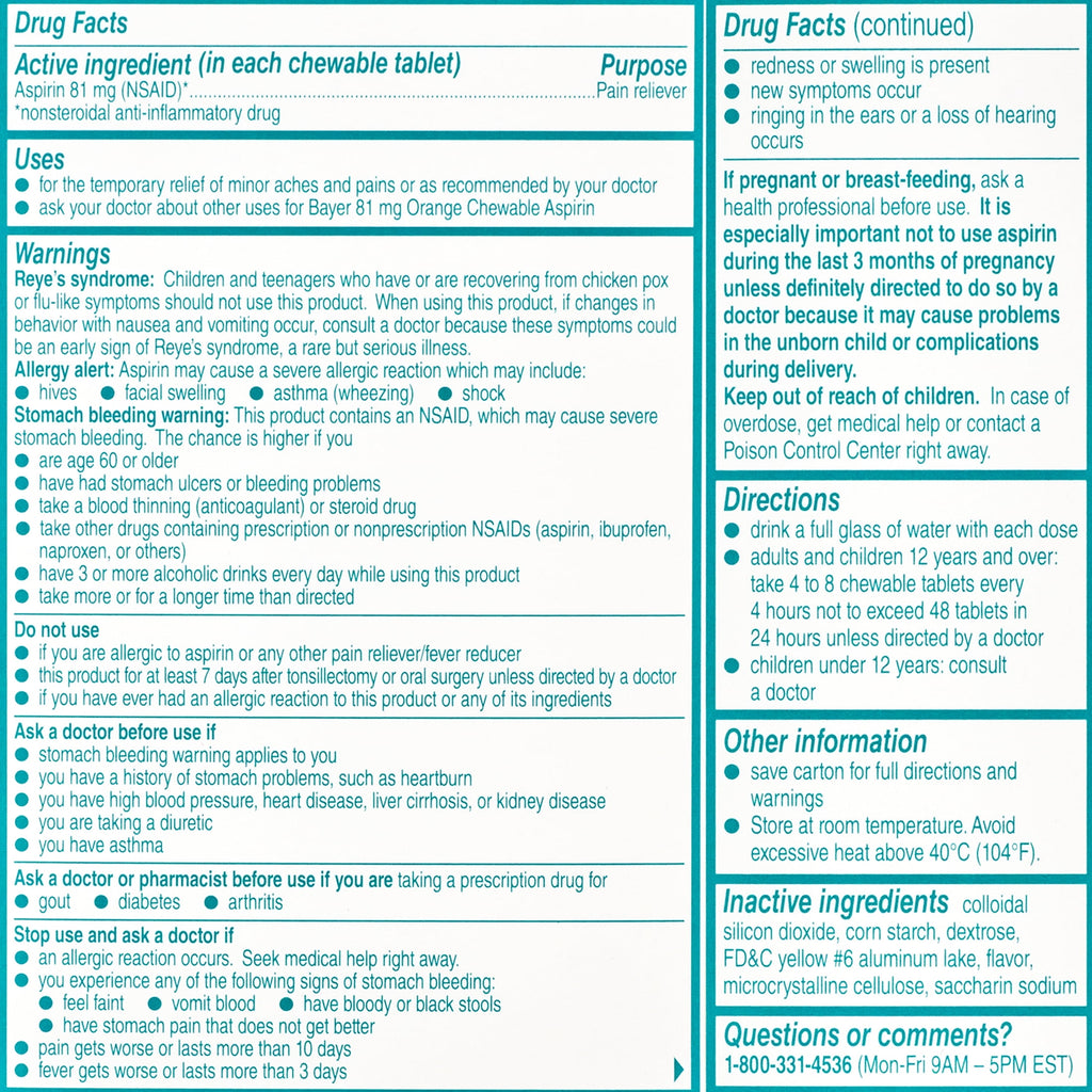 Bayer Chewable Aspirin Regimen Low Dose Pain Reliever Tablets, 81mg, Orange, 108 Count