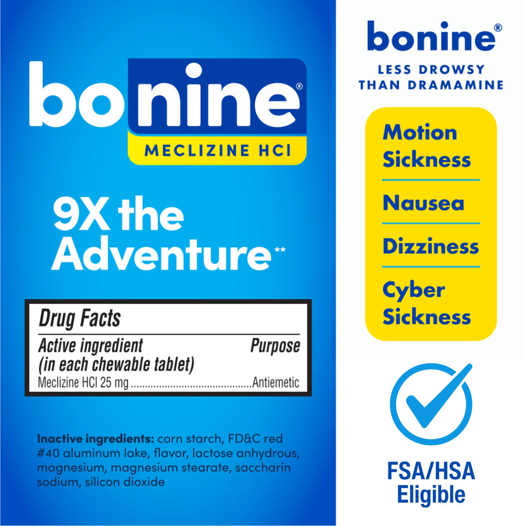 Bonine Motion Sickness and Nausea Relief Travel Pack, Chewable Tablets, Raspberry, 12 Count