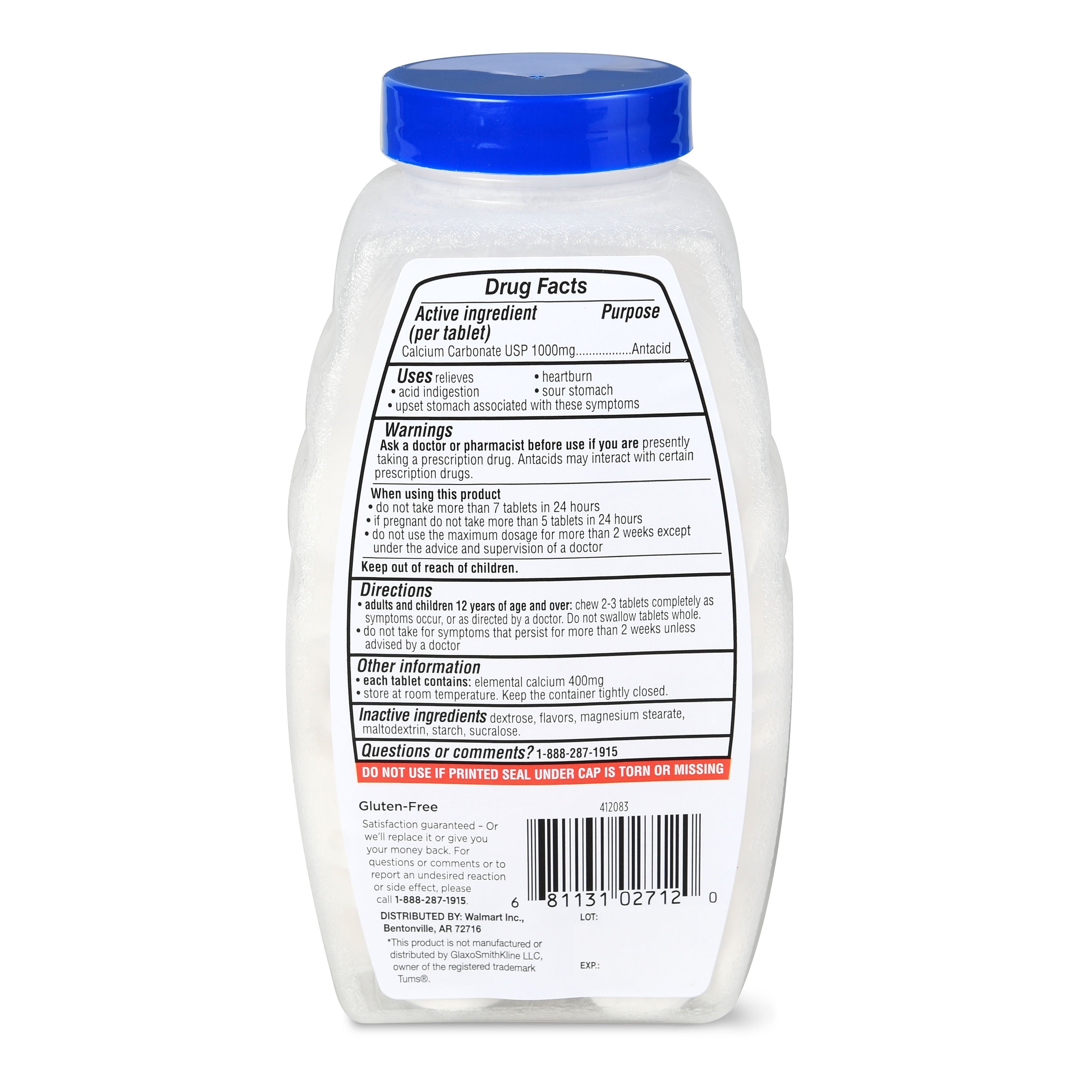 Equate Ultra Strength Antacid Peppermint Chewable Tablets, 1000 mg 160 Count, Compare to Tums® Ultra Strength Active Ingredient