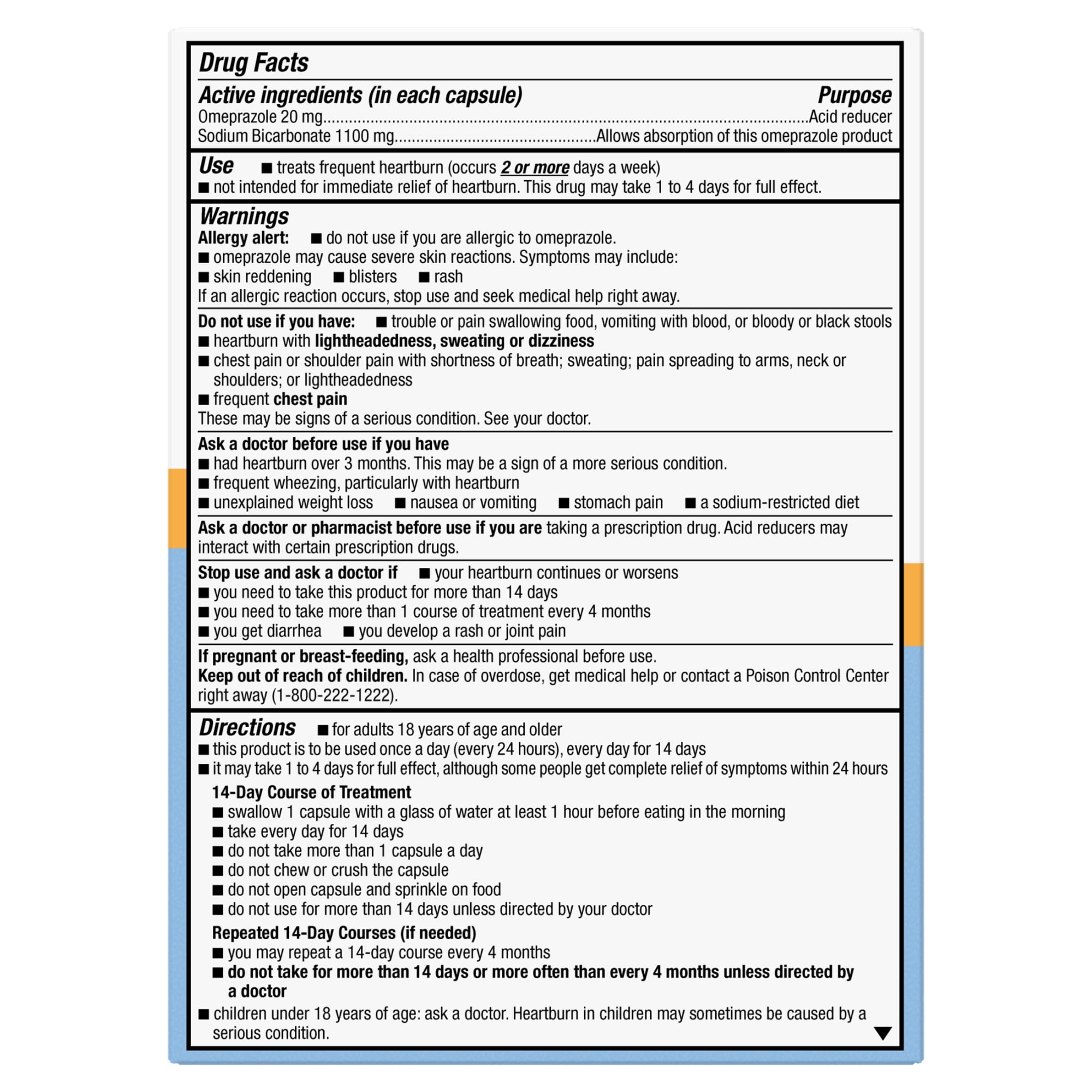 Equate Omeprazole and Sodium Bicarbonate Capsules 20 mg/1100 mg, Acid Reducer, 42 Count, Compare to Zegerid OTC Active Ingredient