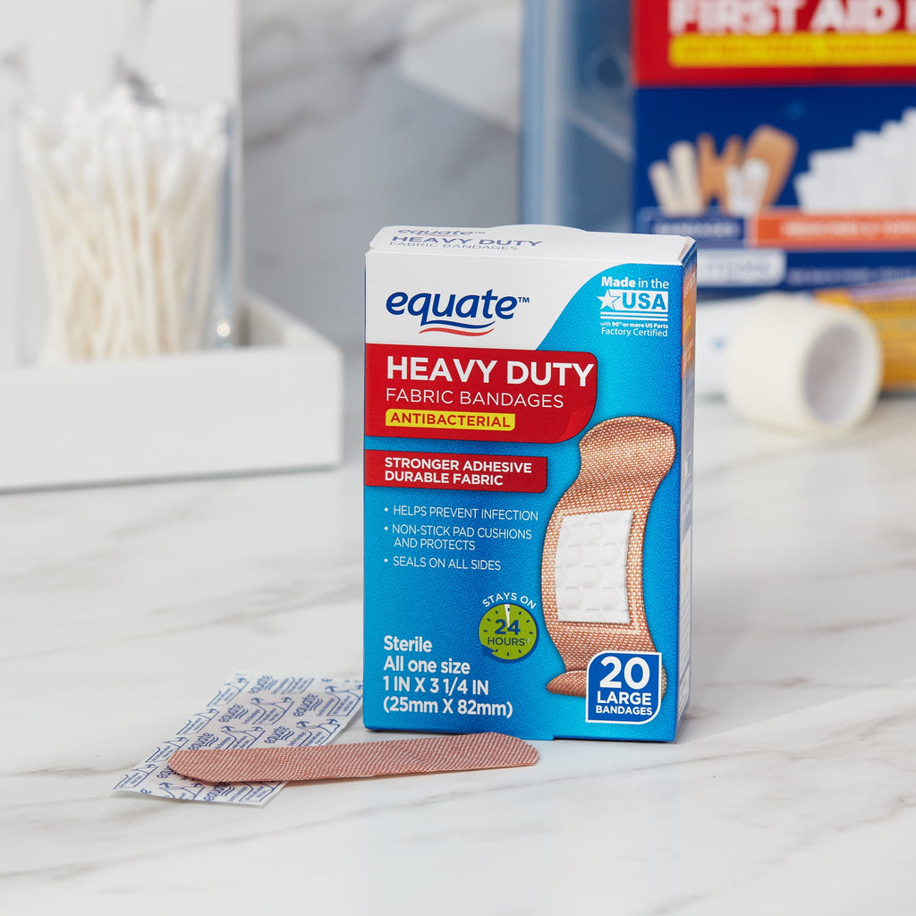 Equate Heavy Duty Fabric Antibacterial Bandages, Large, 20 Count