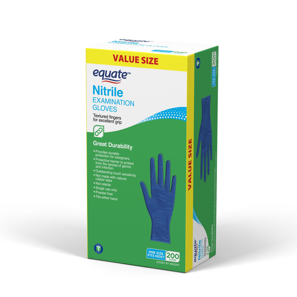 Equate Nitrile Examination Gloves, One Size Fits Most, 200 Count