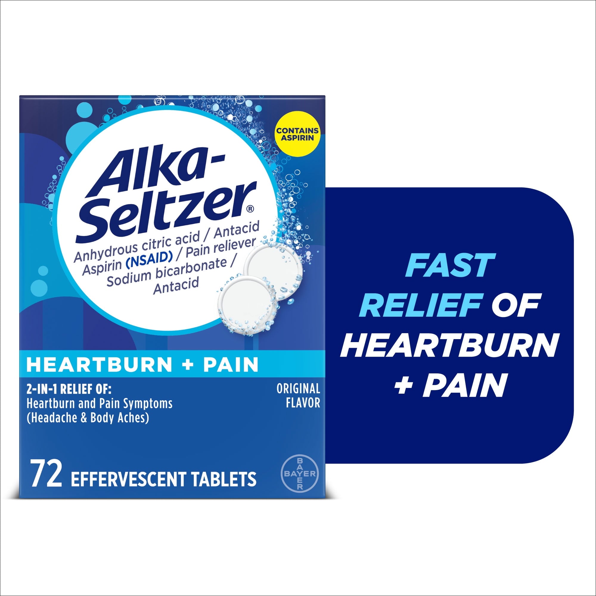 Alka-Seltzer Heartburn + Pain, Aspirin + Antacid Tablets for Fast Pain Relief, Heartburn Relief & Acid Indigestion Relief, 72 Ct