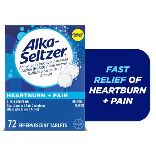 Alka-Seltzer Heartburn + Pain, Aspirin + Antacid Tablets for Fast Pain Relief, Heartburn Relief & Acid Indigestion Relief, 72 Ct