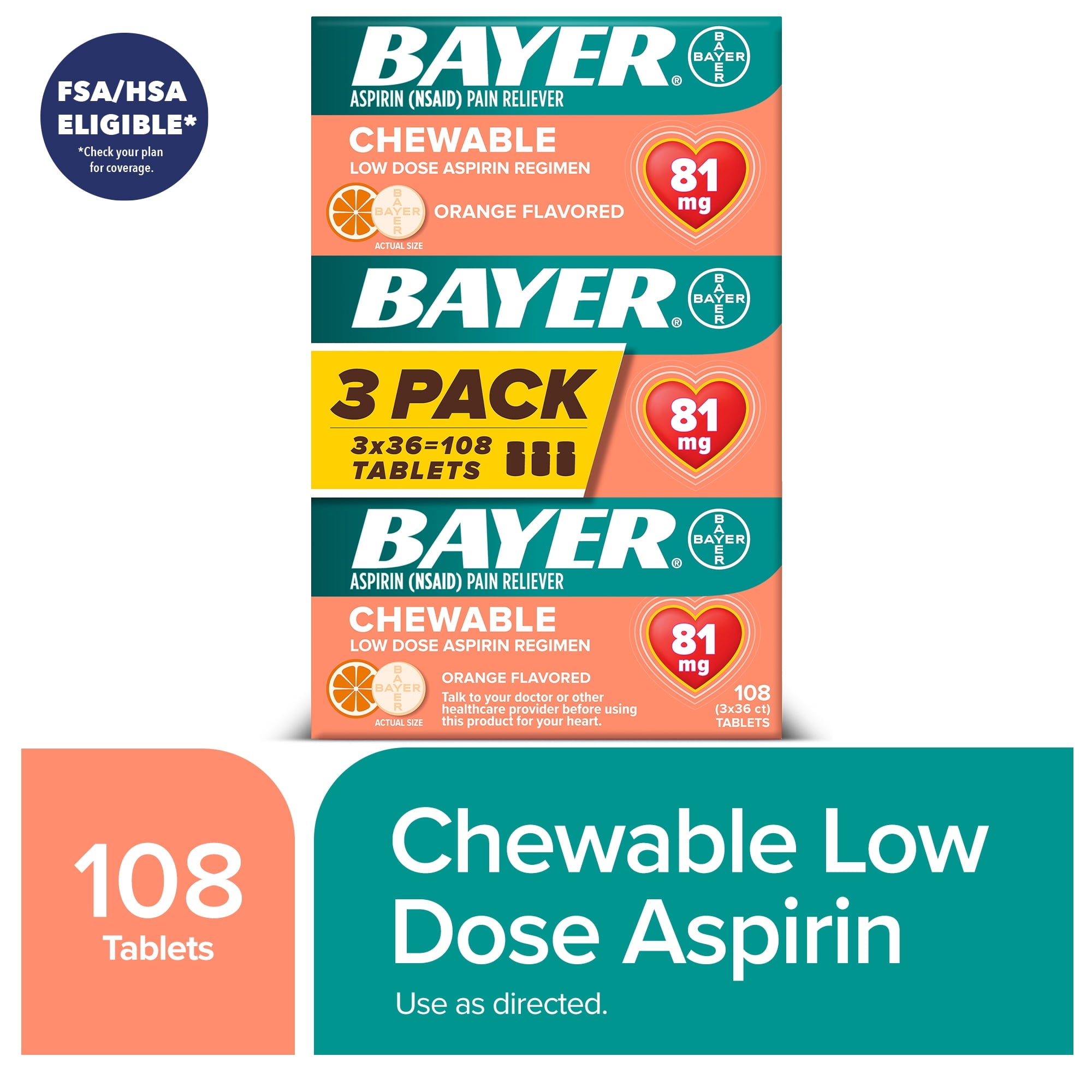 Bayer Chewable Aspirin Regimen Low Dose Pain Reliever Tablets, 81mg, Orange, 108 Count