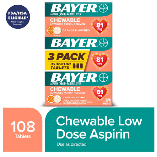 Bayer Chewable Aspirin Regimen Low Dose Pain Reliever Tablets, 81mg, Orange, 108 Count
