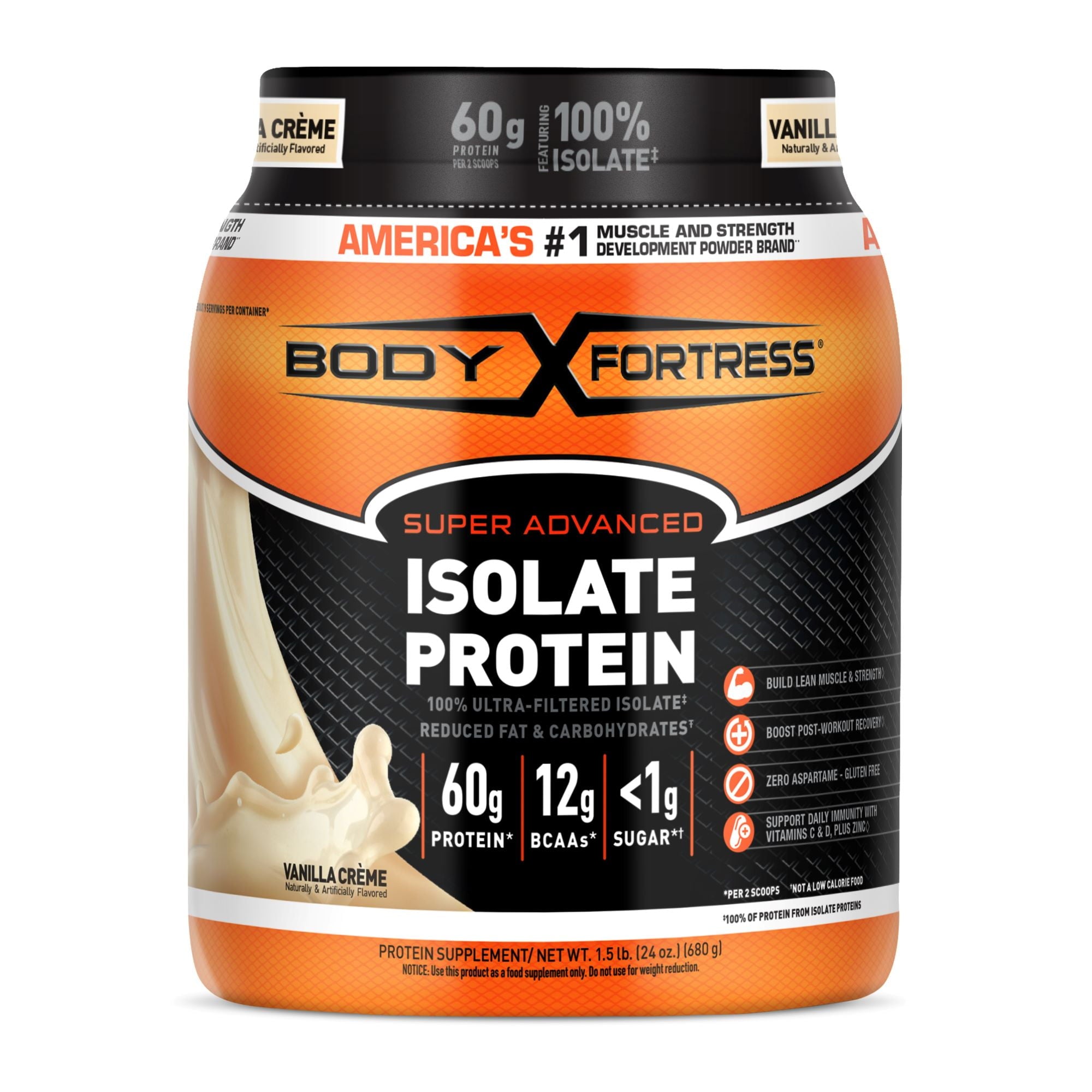 Body Fortress Super Advanced 100% Ultra-filtered Isolate Protein Powder, Vanilla, 1.5lbs (Packaging May Vary)